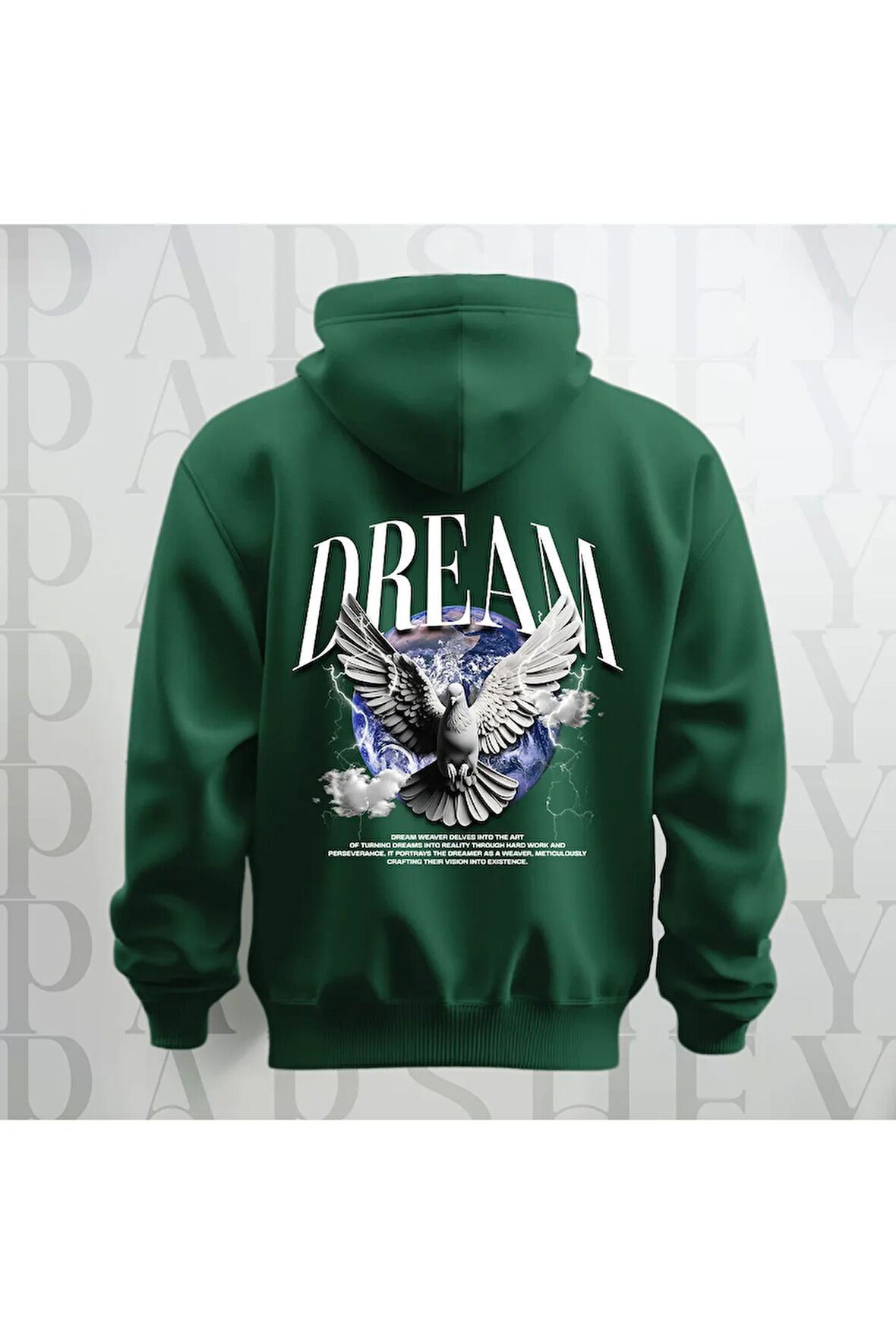 Dream Kanatlı Kuş Sırt Baskılı Kapüşonlu Oversize Sweatshirt Hoodie Kalın Kumaş 3 İplik Şardonlu