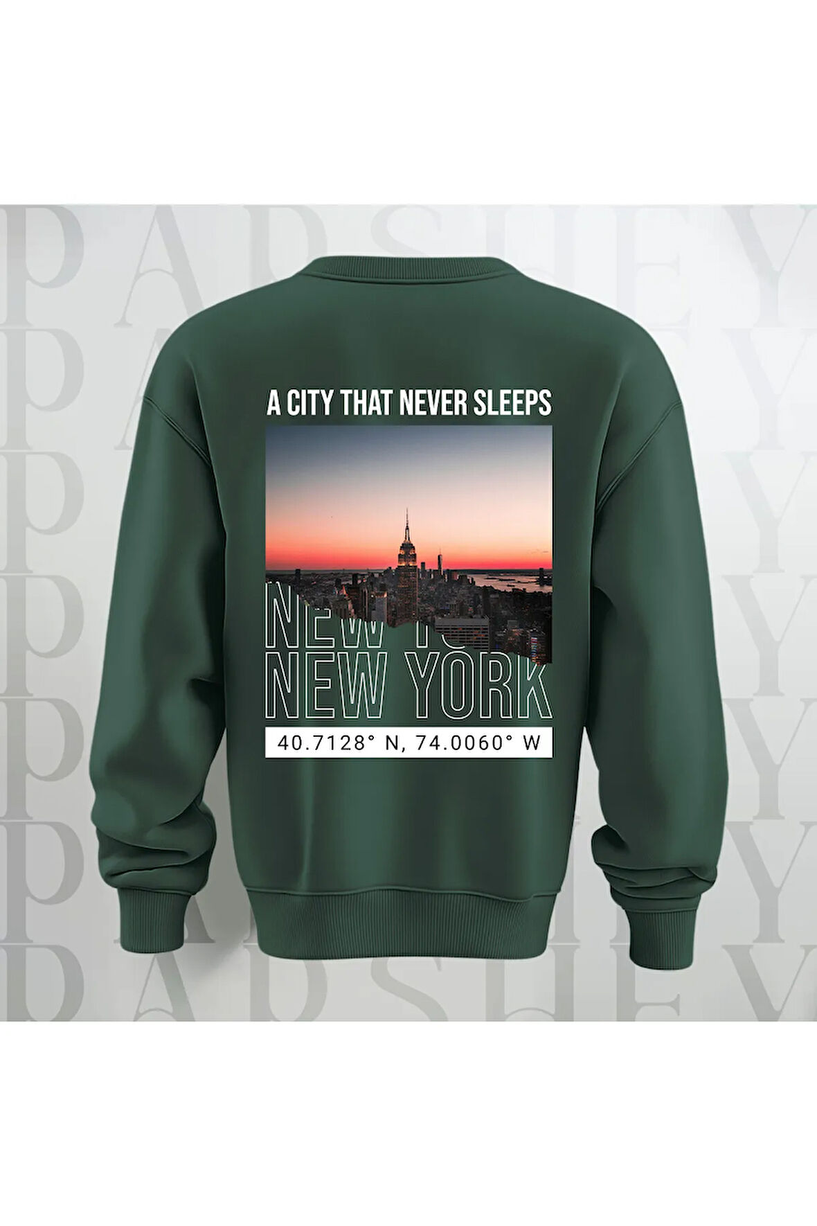 New York Şehir Temalı Sırt Baskılı Oversize Bisiklet Yaka Sweatshirt 3 İplik Şardonlu
