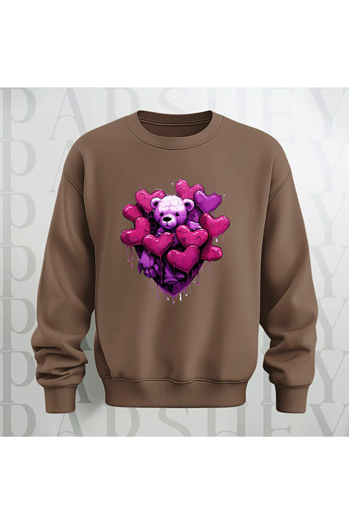Love Teddy Deseni Baskılı Bisiklet Yaka Unisex Oversize Kalıp Sweatshirt 3 İplik Şardonlu