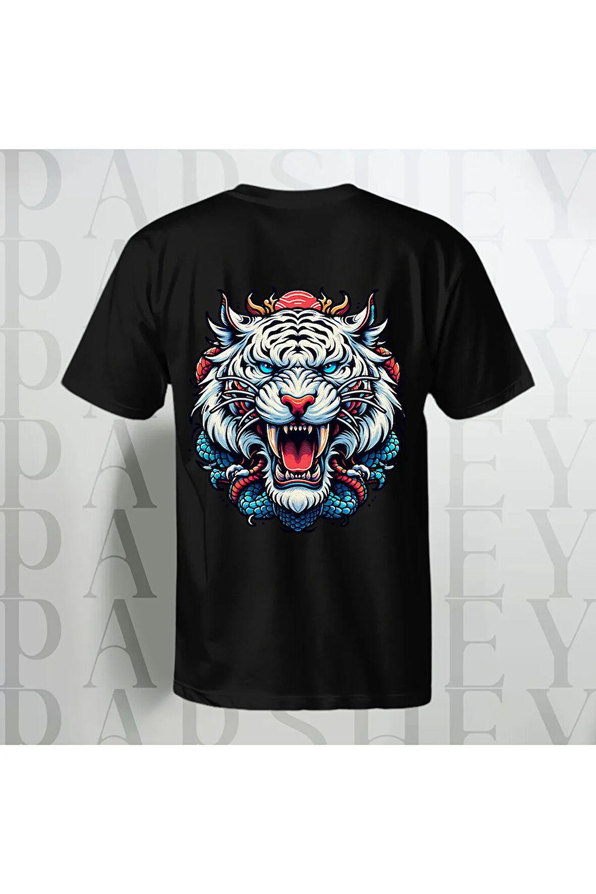 Tiger Sırt Baskılı Unisex Yarım Kollu Bisiklet Yaka %100 Pamuk Oversize T-shirt