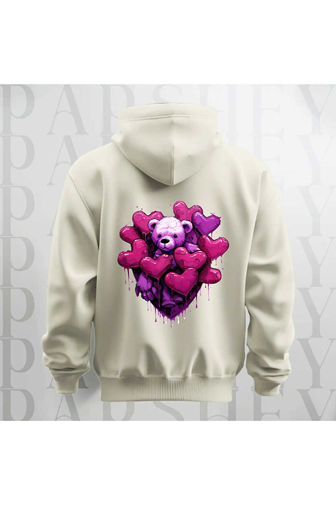Love Teddy Deseni Baskılı Kapüşonlu Sweatshirt Hoodie Yünlü Kalın Kumaş 3 İplik Şardonlu