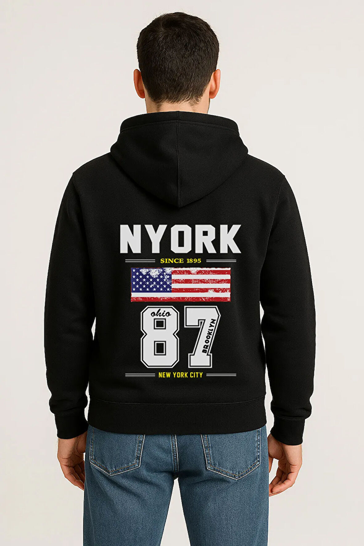 NYORK 87 Baskılı Oversize Hoodie – Amerikan Bayraklı Brooklyn New York City Kapüşonlu Sweatshirt