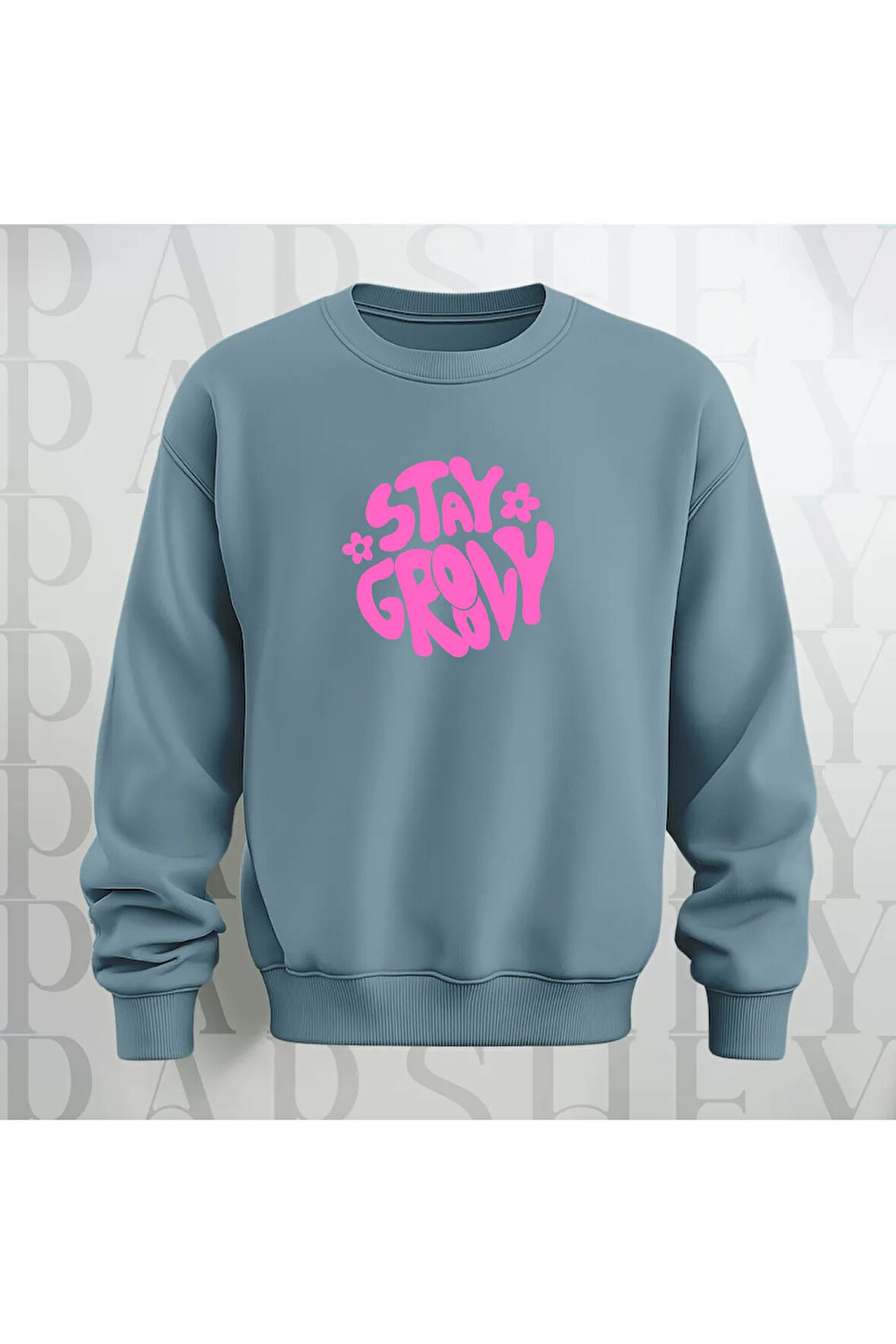 Stay Groovy Göğüs Baskılı Kalın Kumaş 3 İplik Şardonlu Oversize Unisex Bisiklet Yaka Sweatshirt