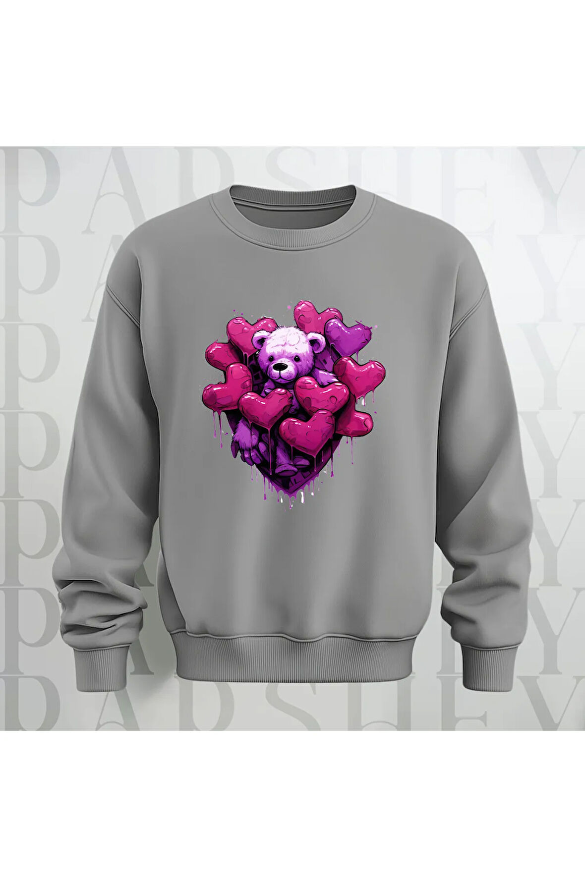 Love Teddy Deseni Baskılı Bisiklet Yaka Unisex Oversize Kalıp Sweatshirt 3 İplik Şardonlu