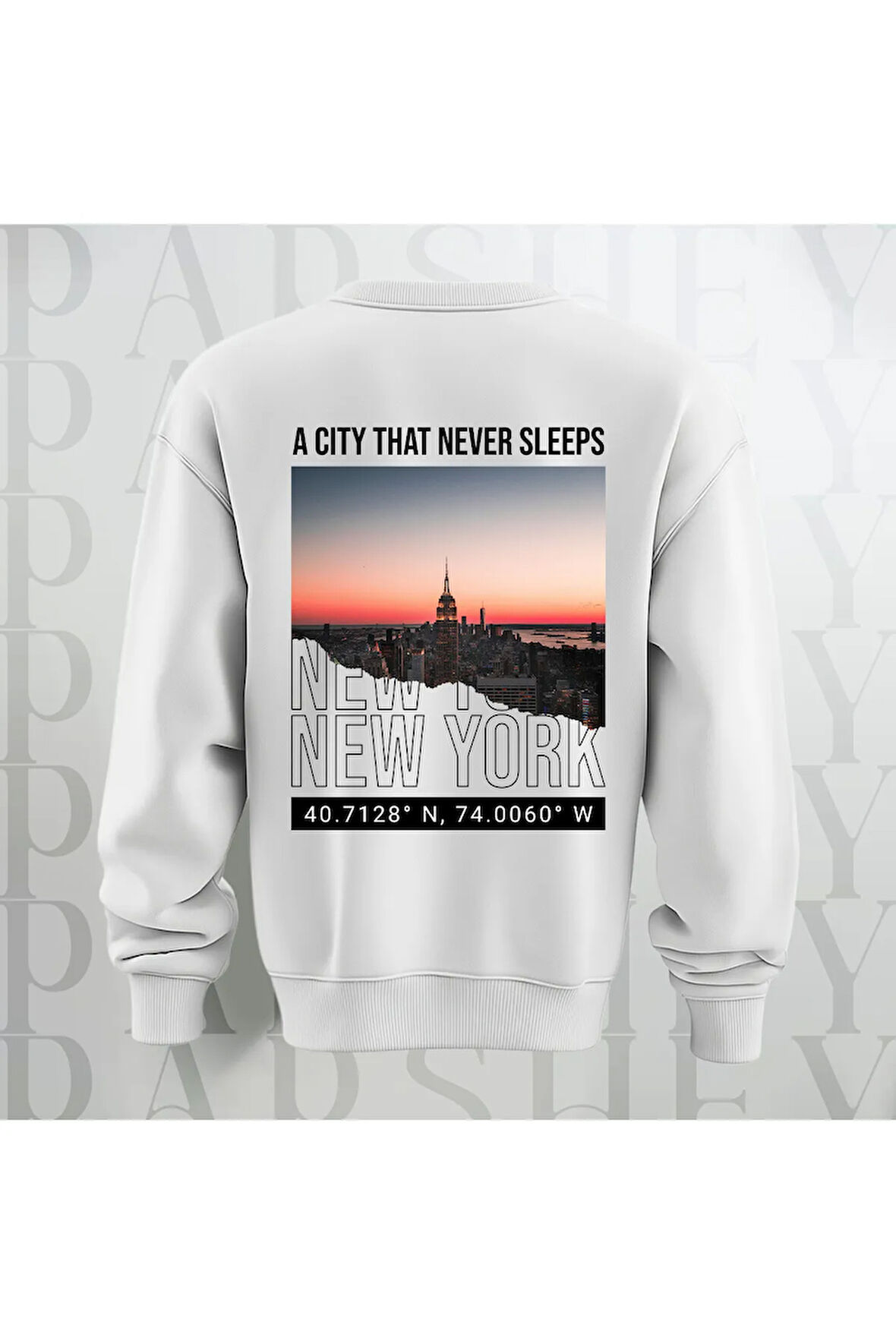New York Şehir Temalı Sırt Baskılı Oversize Bisiklet Yaka Sweatshirt 3 İplik Şardonlu