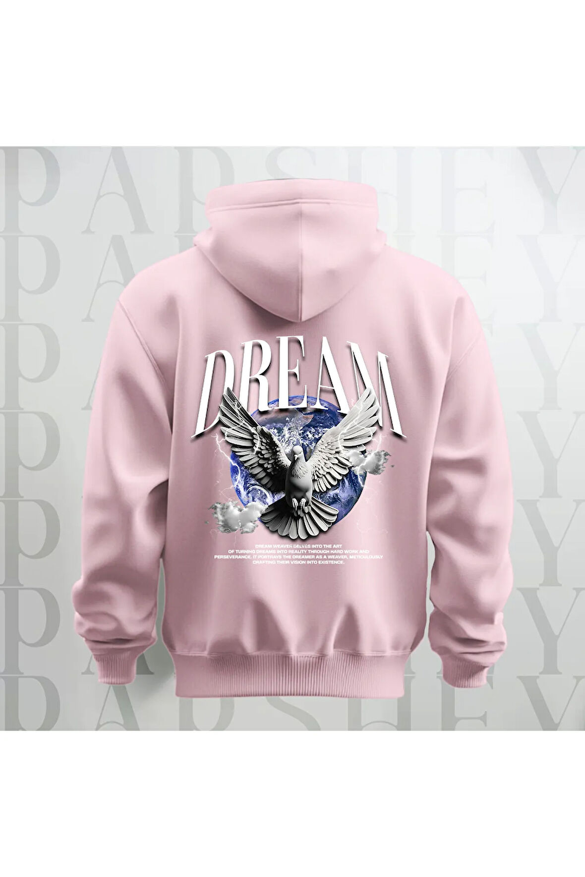Dream Kanatlı Kuş Sırt Baskılı Kapüşonlu Oversize Sweatshirt Hoodie Kalın Kumaş 3 İplik Şardonlu