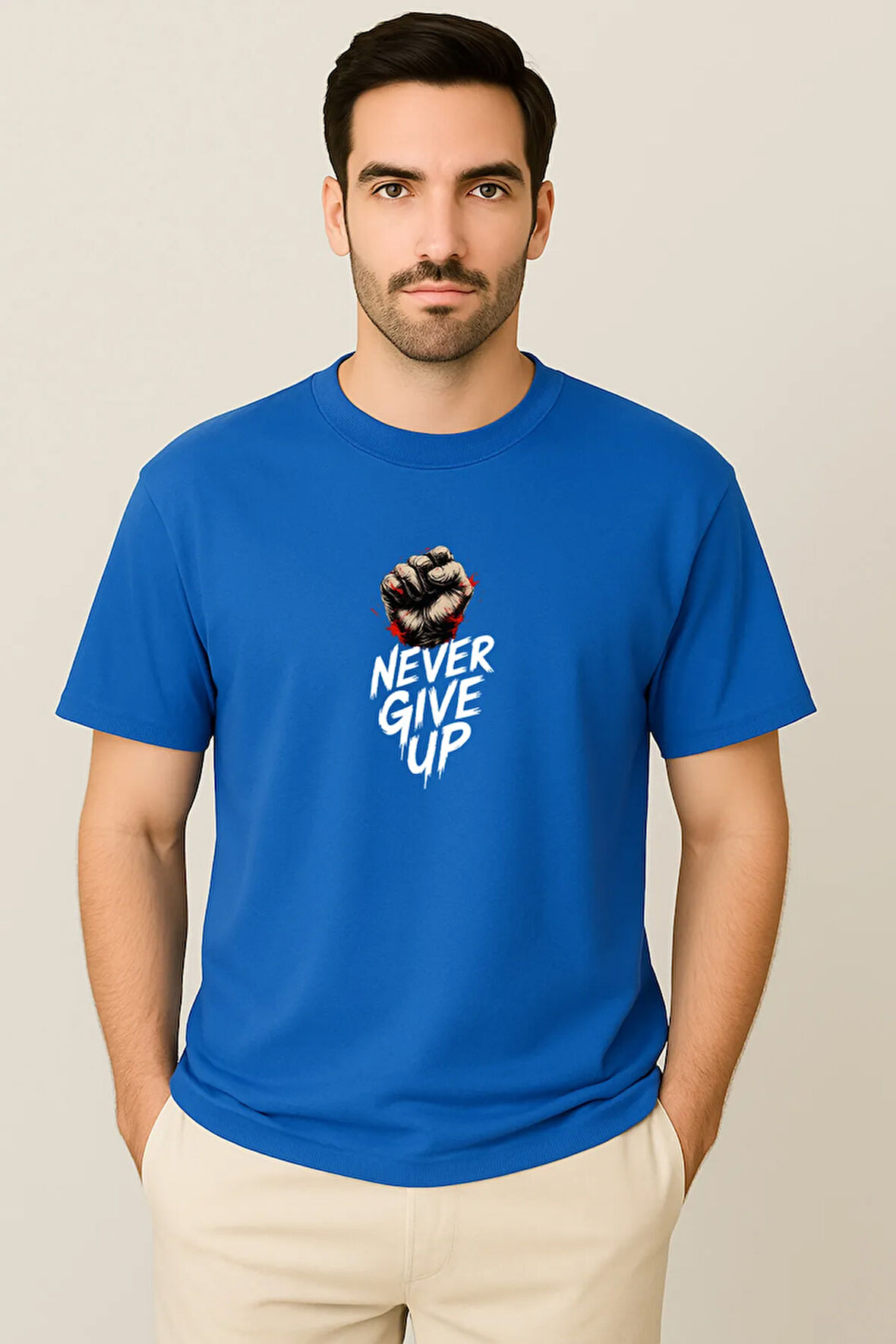 Erkek - Kadın Never Give Up Baskılı Unisex Yarım Kollu Bisiklet Yaka %100 Pamuk Oversize T-shirt