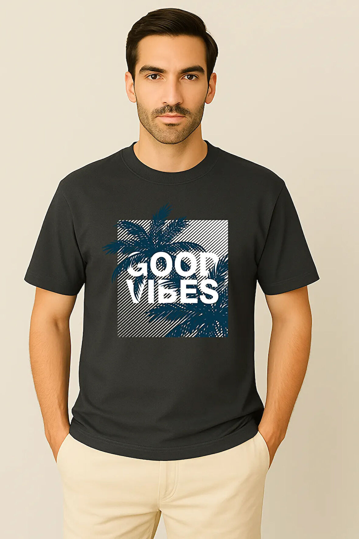 Erkek - Kadın %100 Pamuk Good Vibes Palmiye Desenli Baskılı Yarım Kollu Bisiklet Yaka T-Shirt
