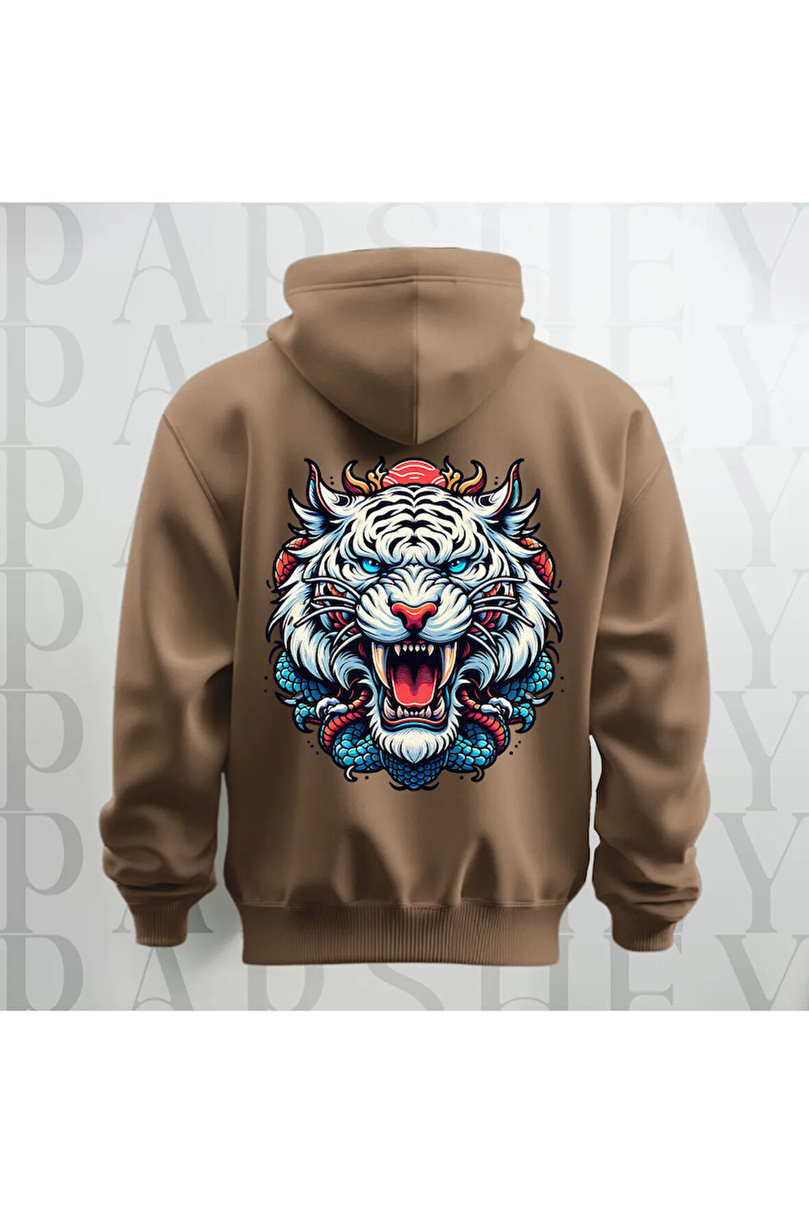 Tiger Büyük Sırt Baskılı Kapüşonlu Unisex Sweatshirt Hoodie Kalın Kumaş 3 İplik Şardonlu