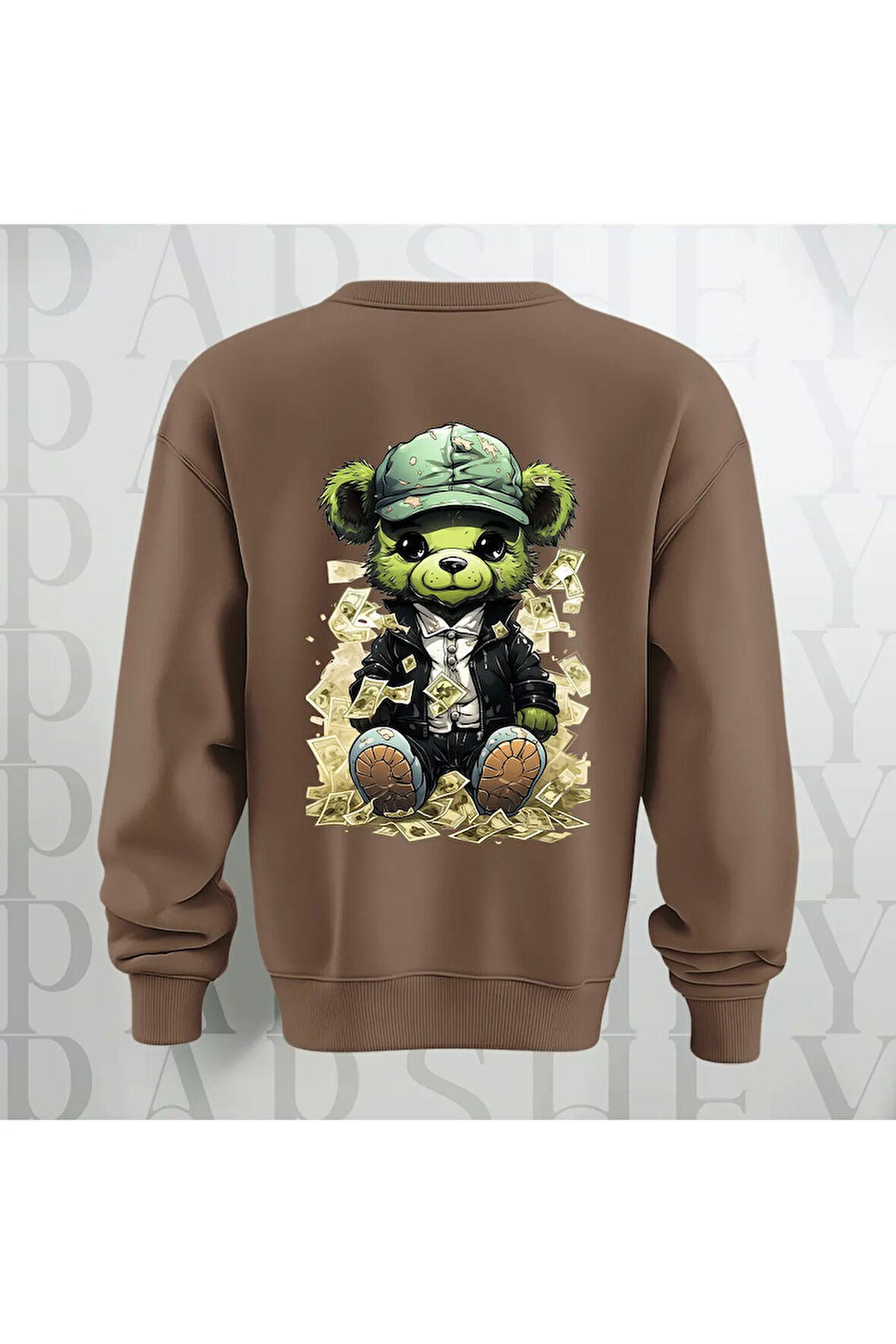 Zengin Teddy Sırt Baskılı Bisiklet Yaka Sweatshirt 3 İplik Şardonlu Oversize Kalıp Unisex