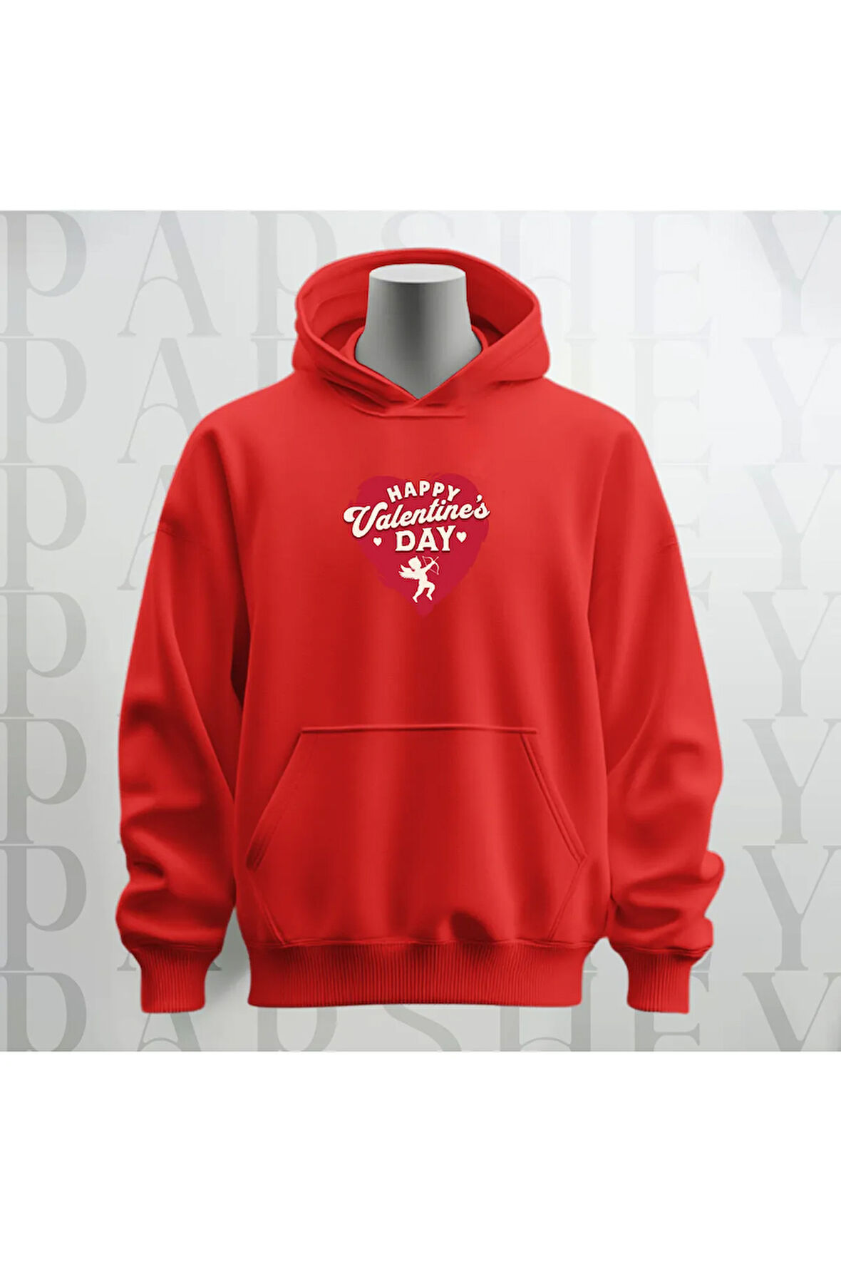 Happy Valentine's Day Kalp Desenli Kapüşonlu Oversize Sweatshirt Hoodie Kalın Kumaş 3 İplik Şardonlu