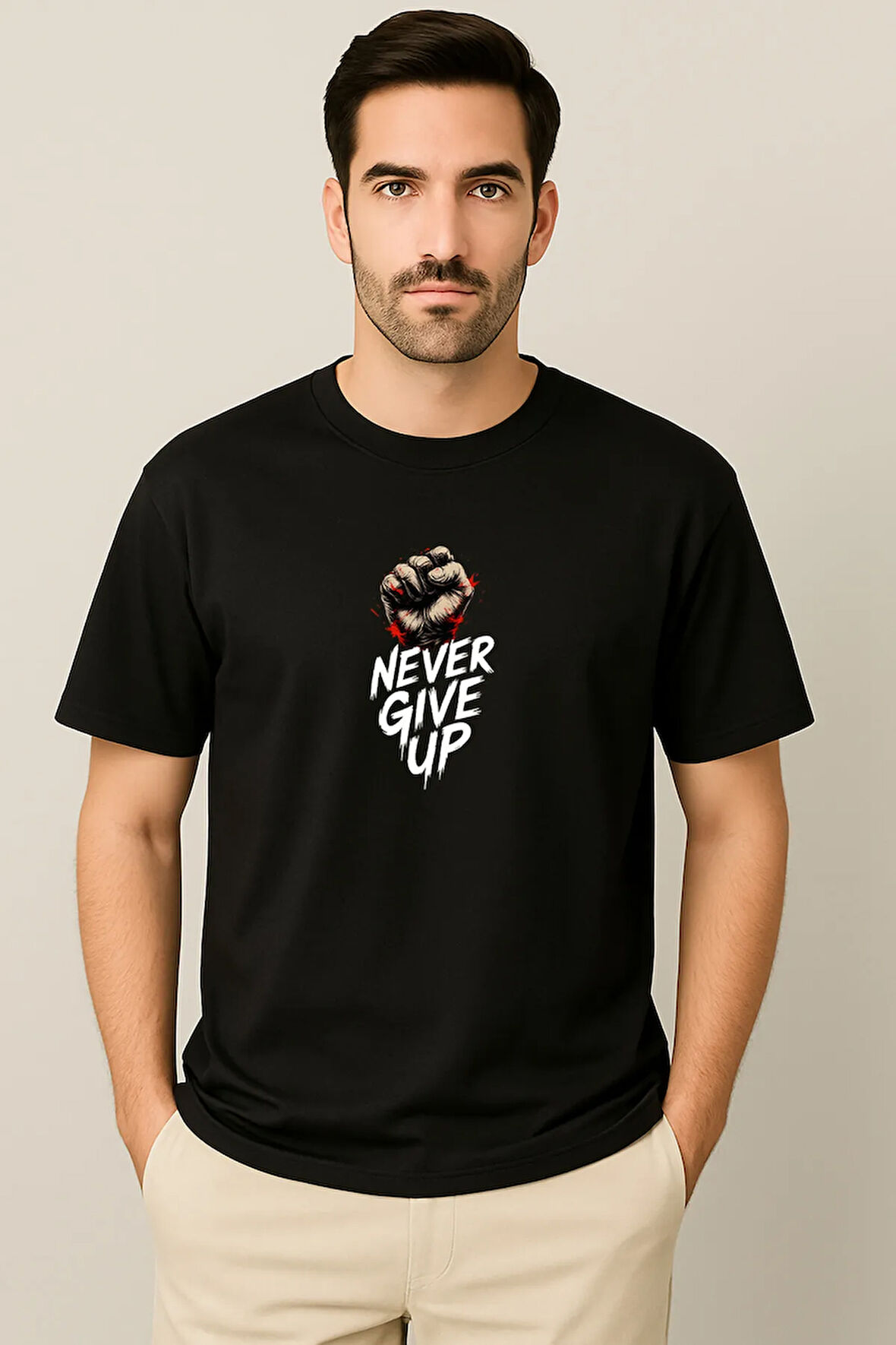 Erkek - Kadın Never Give Up Baskılı Unisex Yarım Kollu Bisiklet Yaka %100 Pamuk Oversize T-shirt