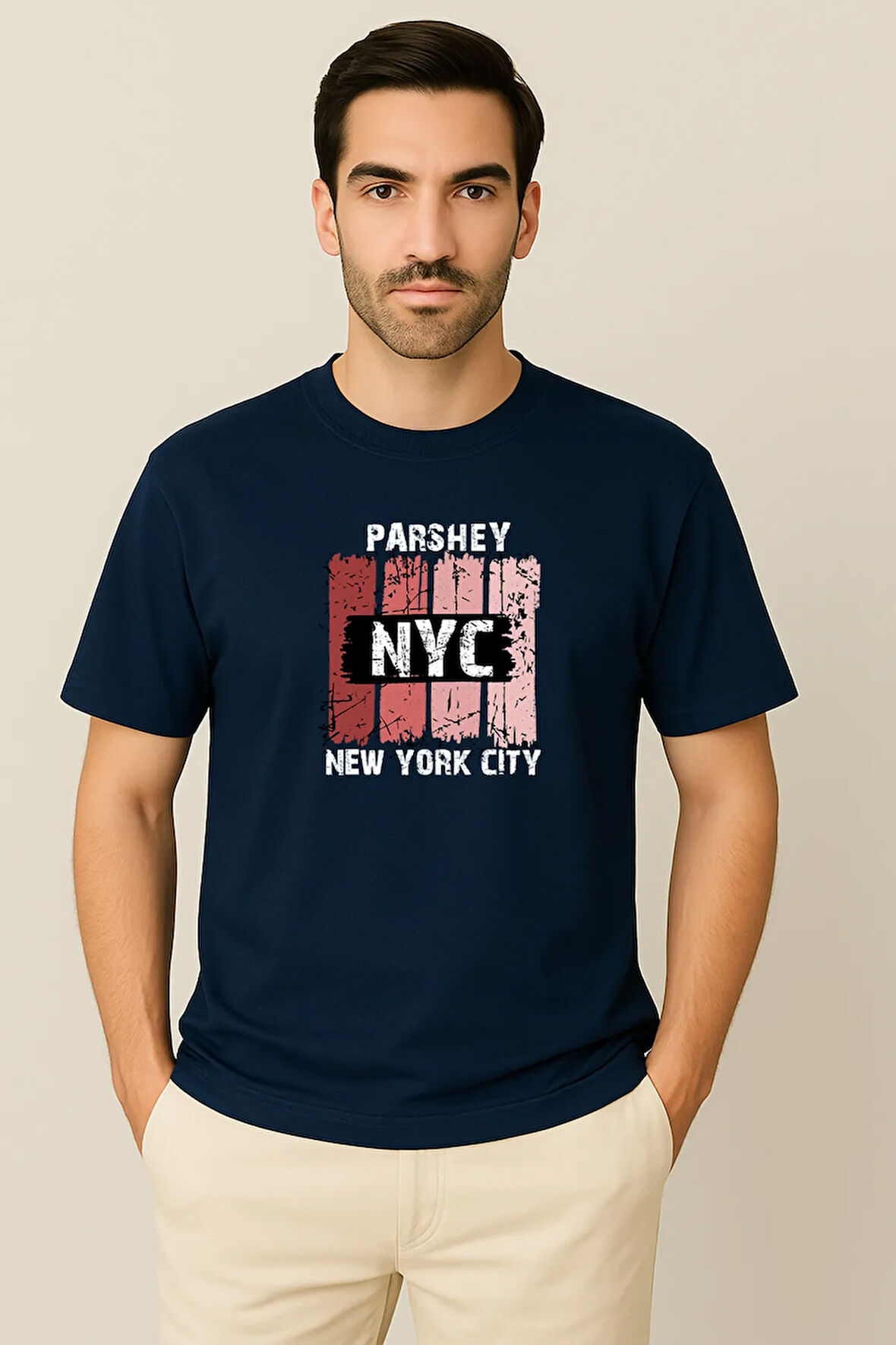 Erkek - Kadın %100 Pamuk New York City Parshey Baskılı Yarım Kollu Bisiklet Yaka T-Shirt