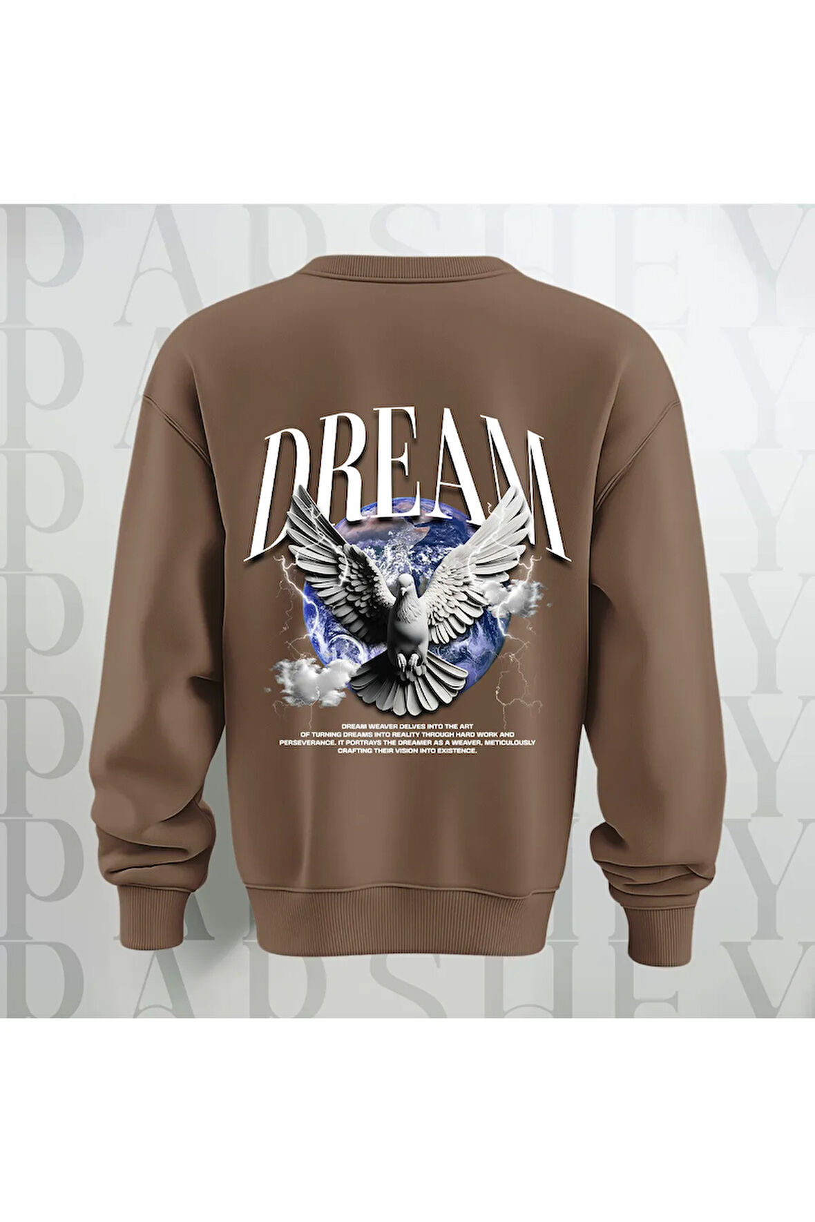 Dream Kuş Desenli Sırt Baskılı 3 İplik Şardonlu Oversize Unisex Bisiklet Yaka Sweatshirt
