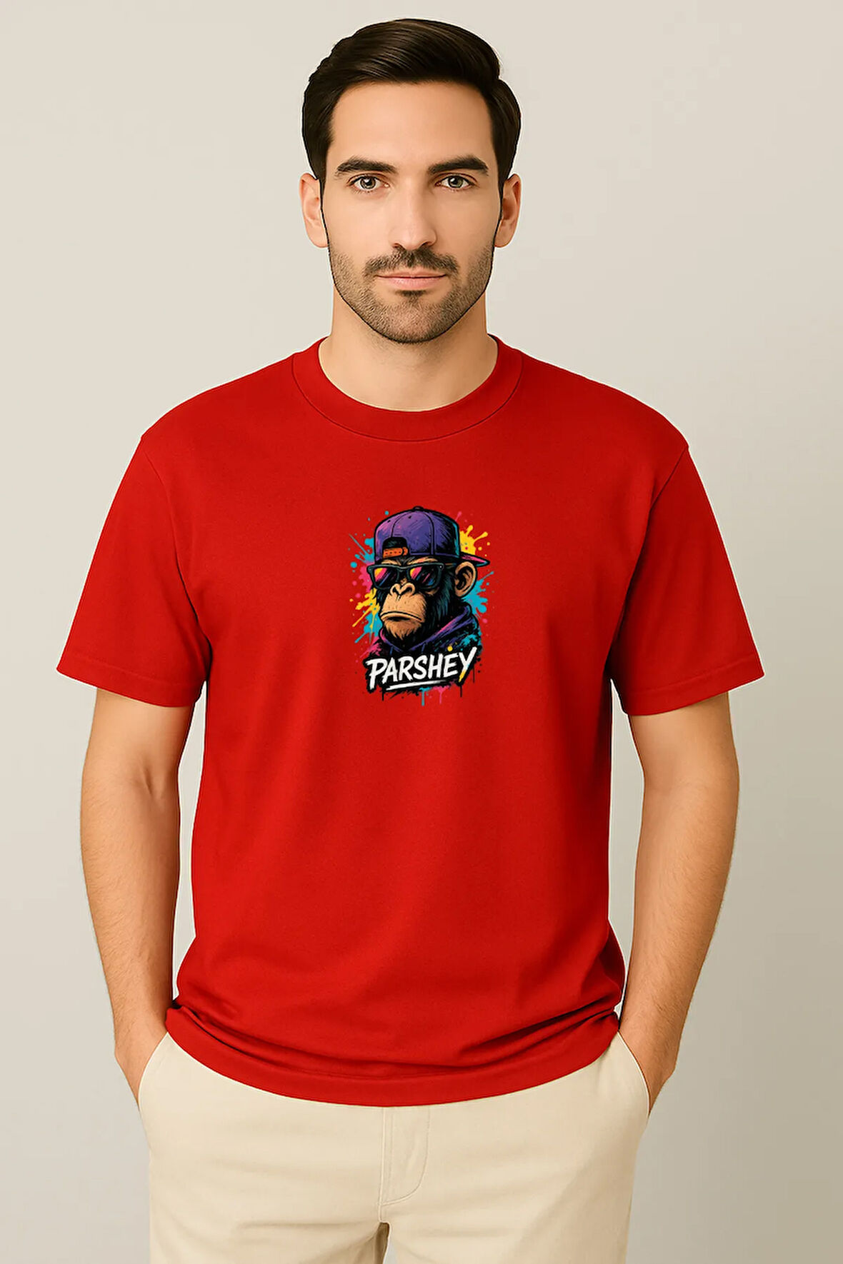 Erkek - Kadın Unisex Graffiti Maymun Baskılı Yarım Kollu Bisiklet Yaka %100 Pamuk Oversize T-shirt
