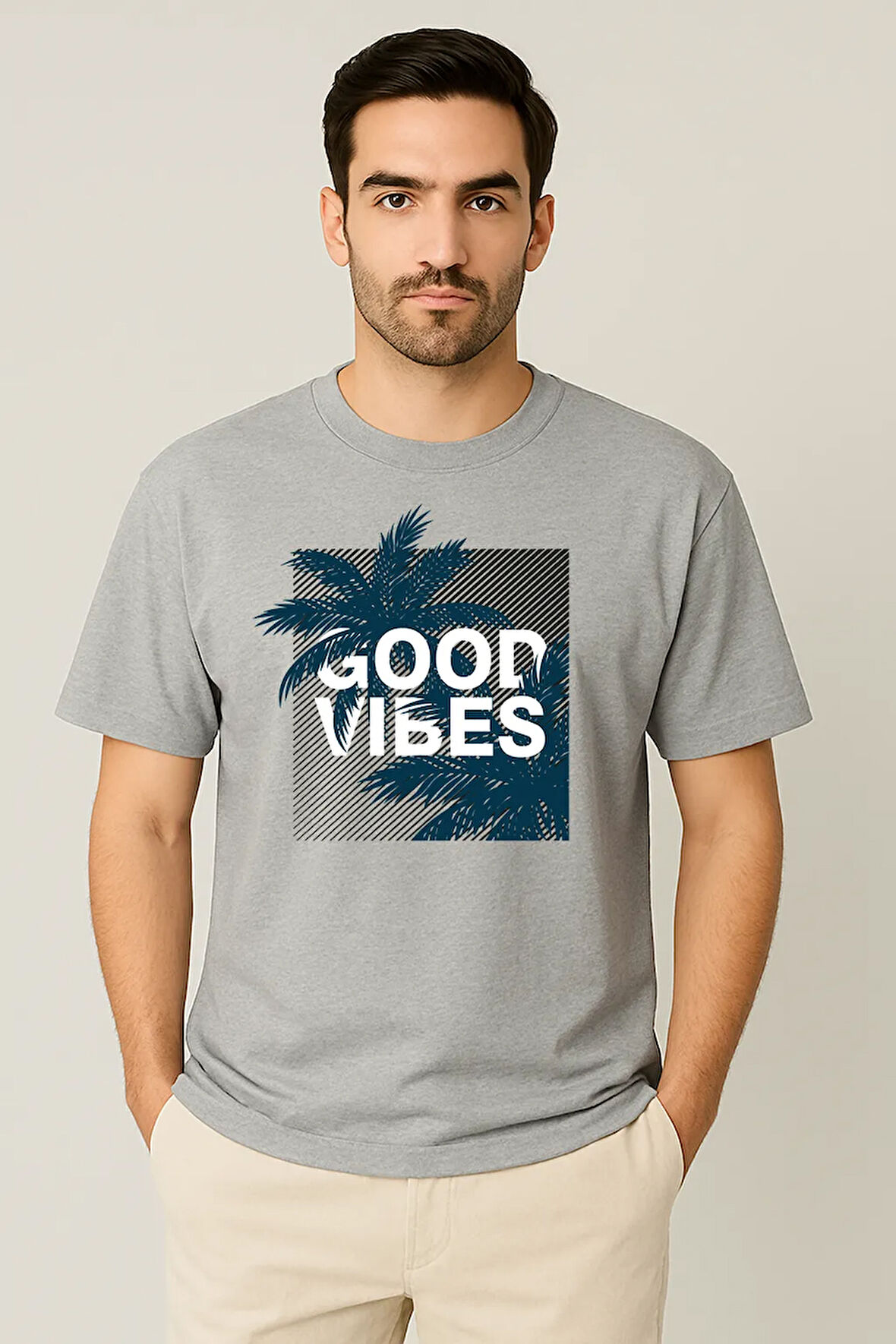 Erkek - Kadın %100 Pamuk Good Vibes Palmiye Desenli Baskılı Yarım Kollu Bisiklet Yaka T-Shirt
