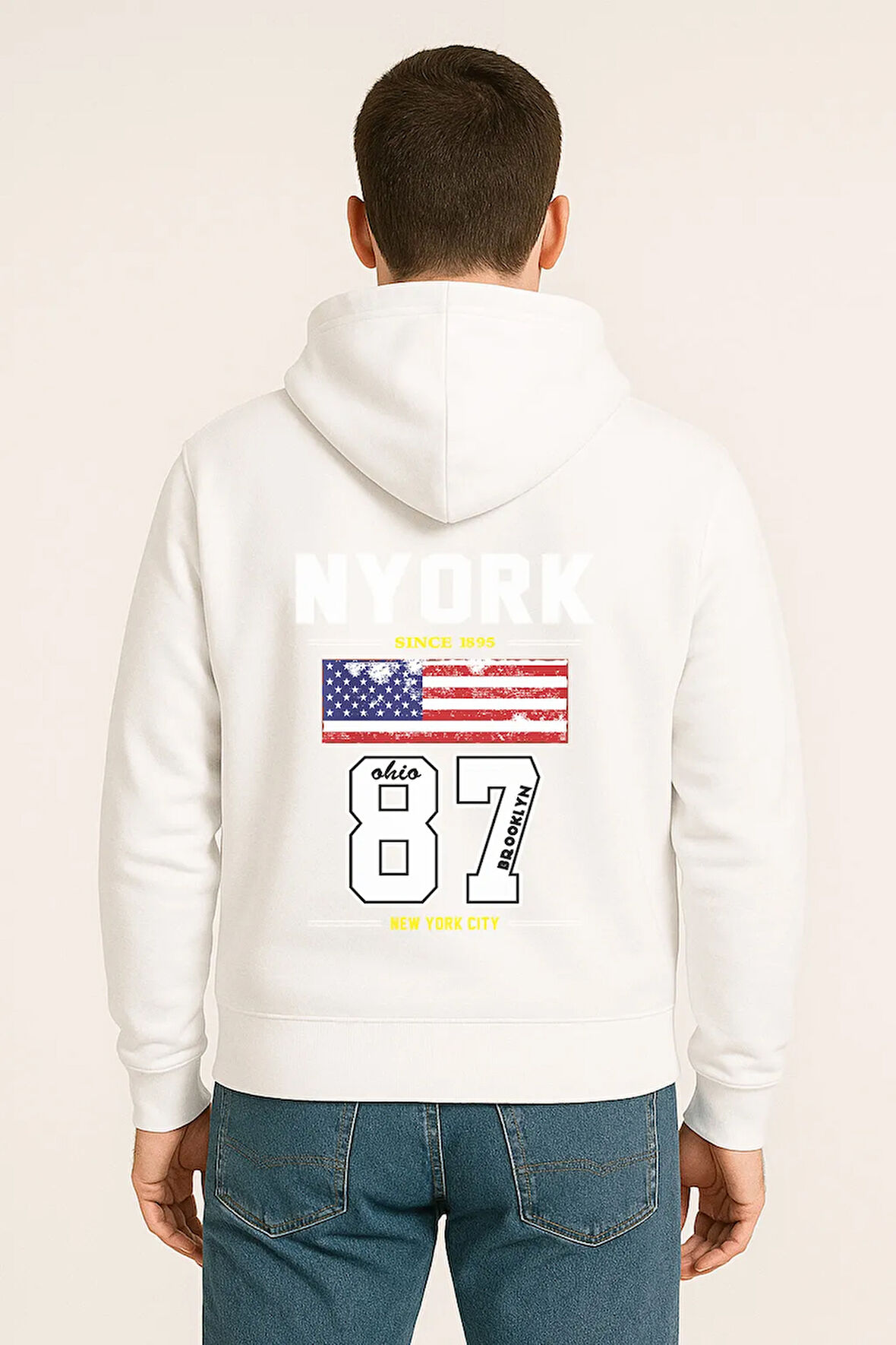 NYORK 87 Baskılı Oversize Hoodie – Amerikan Bayraklı Brooklyn New York City Kapüşonlu Sweatshirt