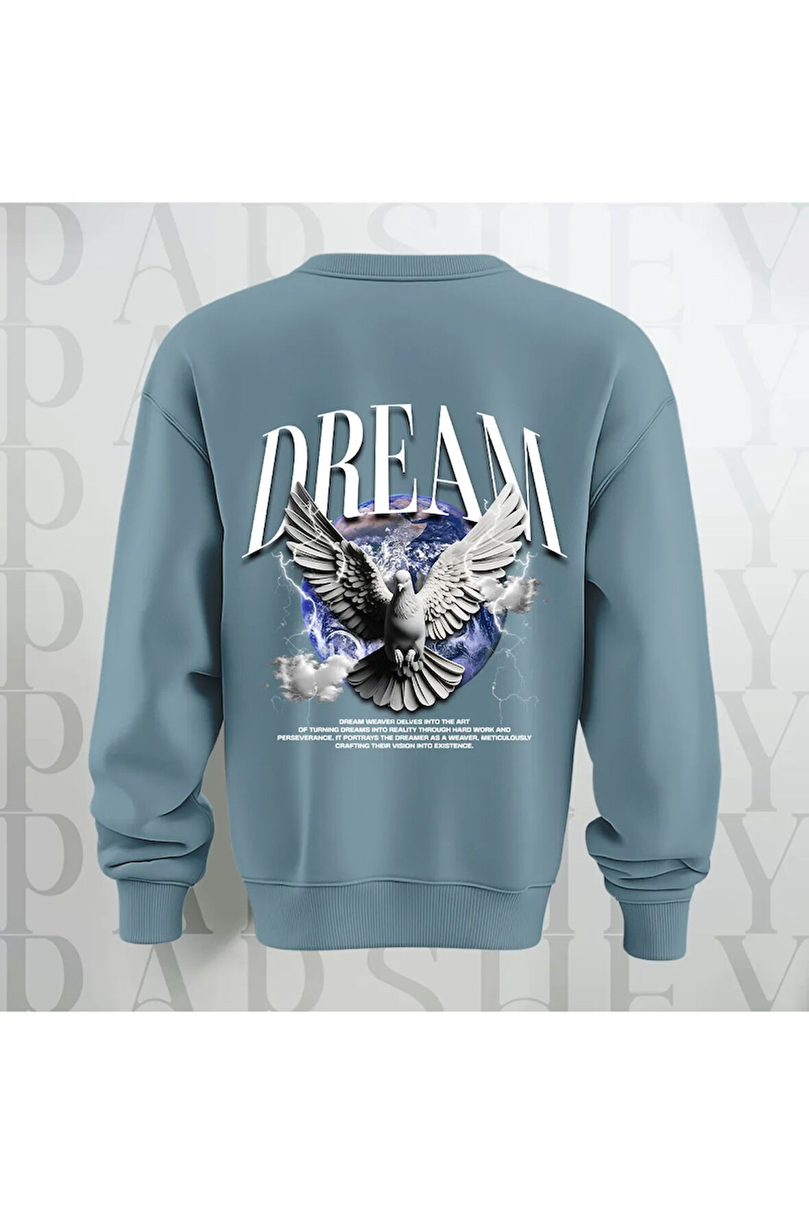 Dream Kuş Desenli Sırt Baskılı 3 İplik Şardonlu Oversize Unisex Bisiklet Yaka Sweatshirt