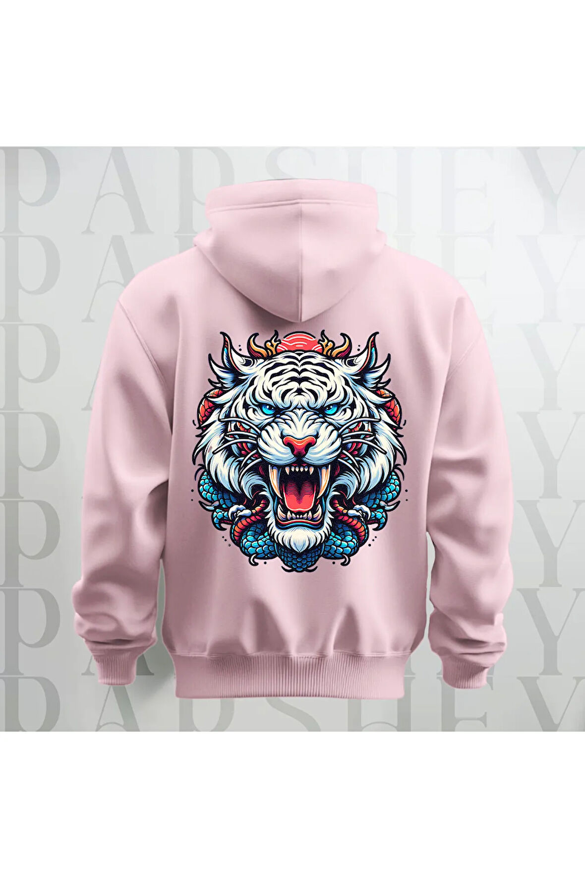 Tiger Büyük Sırt Baskılı Kapüşonlu Unisex Sweatshirt Hoodie Kalın Kumaş 3 İplik Şardonlu