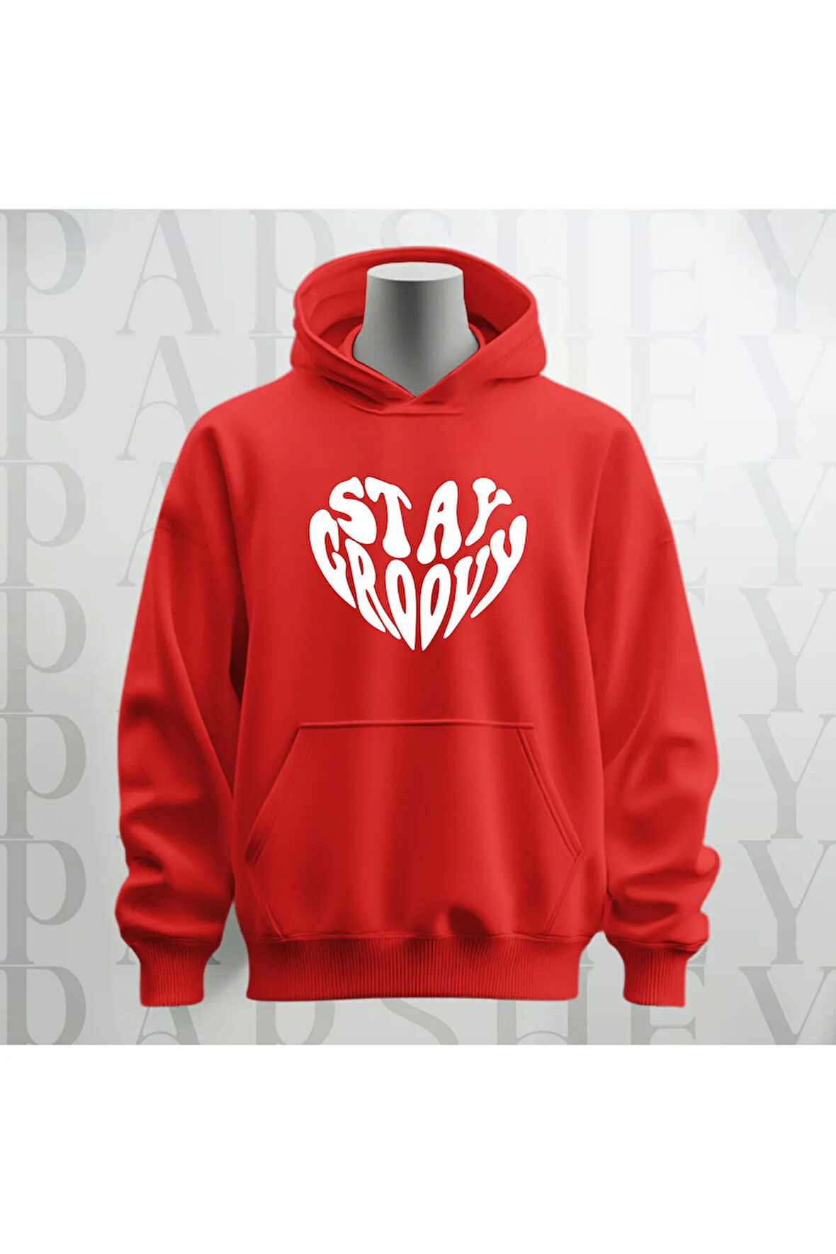 Stay Groovy Kalp Şekilli Baskılı Kapüşonlu Oversize Sweatshirt Hoodie Kalın Kumaş 3 İplik Şardonlu