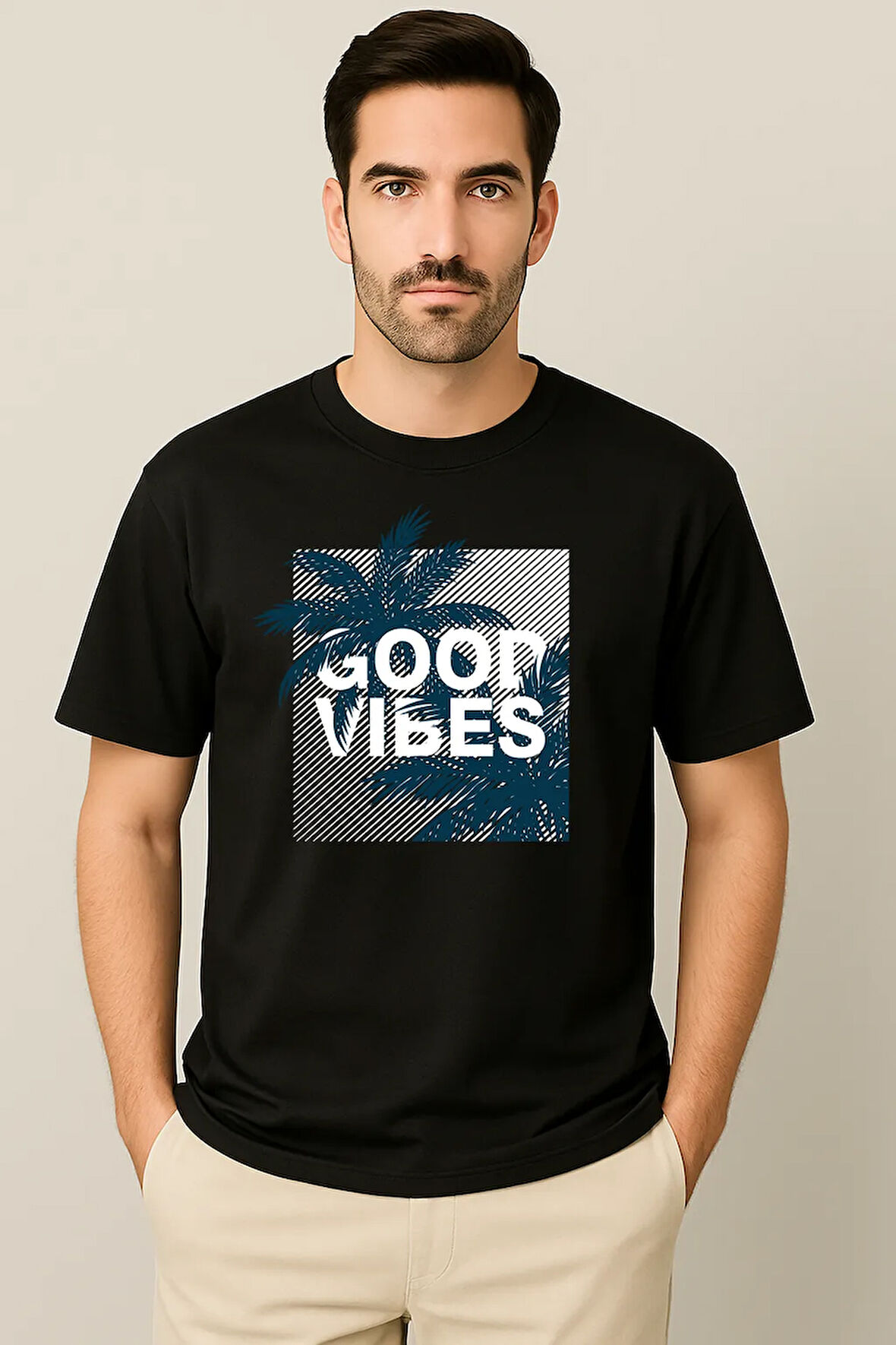 Erkek - Kadın %100 Pamuk Good Vibes Palmiye Desenli Baskılı Yarım Kollu Bisiklet Yaka T-Shirt