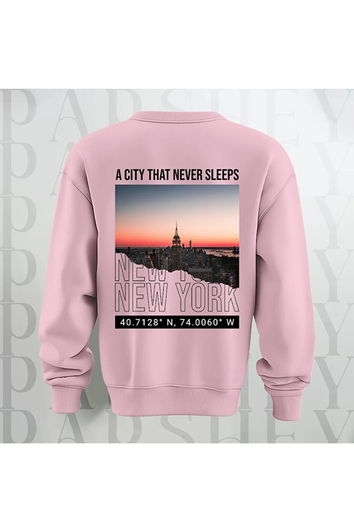 New York Şehir Temalı Sırt Baskılı Oversize Bisiklet Yaka Sweatshirt 3 İplik Şardonlu