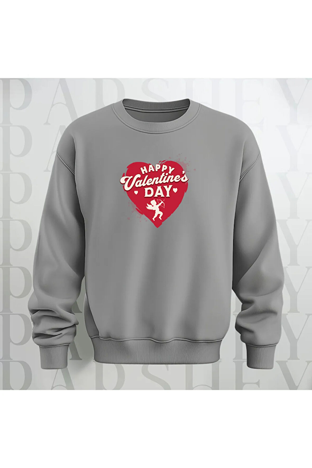 Happy Valentine's Day Kalp Desenli Oversize Bisiklet Yaka Sweatshirt 3 İplik Şardonlu