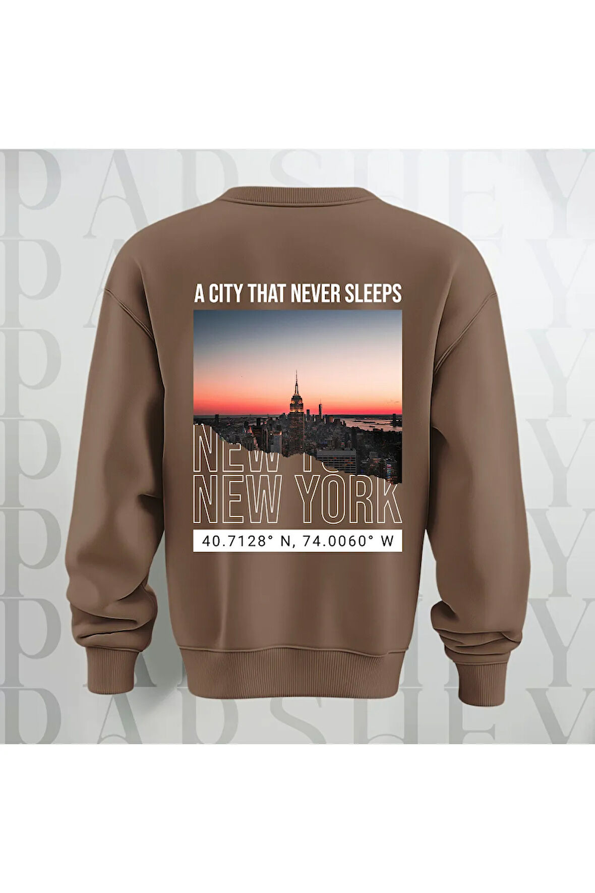 New York Şehir Temalı Sırt Baskılı Oversize Bisiklet Yaka Sweatshirt 3 İplik Şardonlu