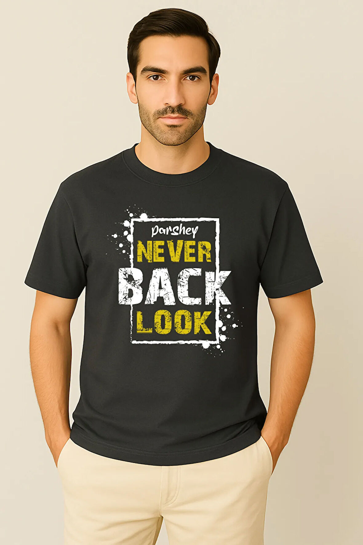 Erkek - Kadın %100 Pamuk Never Look Back Baskılı Yarım Kollu Bisiklet Yaka T-Shirt