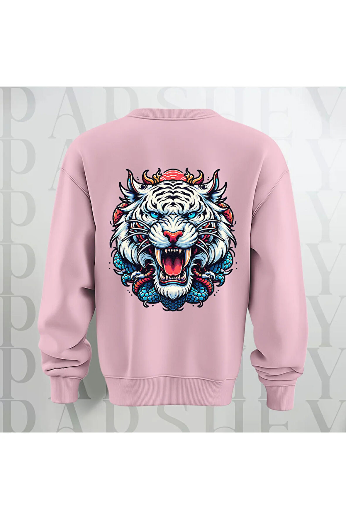 Tiger Baskılı Kalın Kumaş 3 İplik Şardonlu Oversize Unisex Bisiklet Yaka Sweatshirt