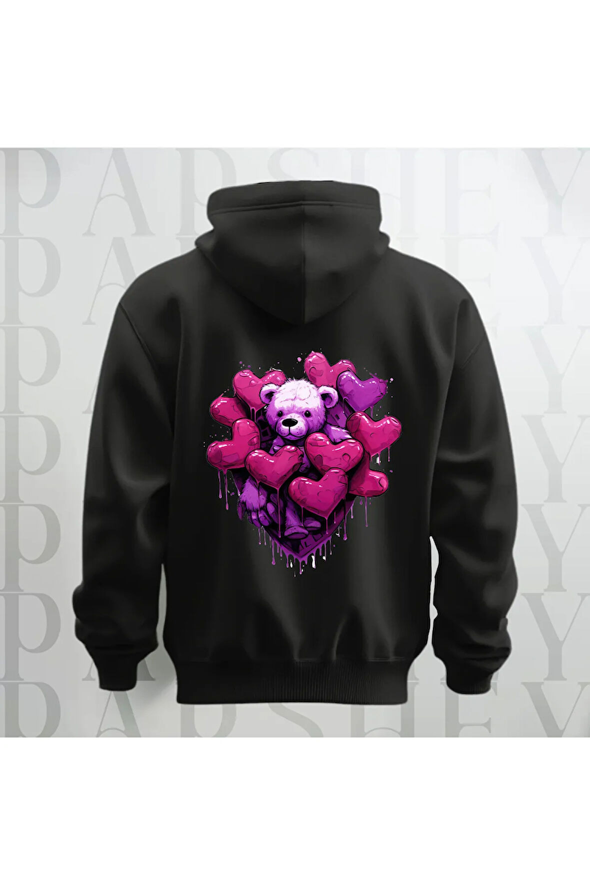 Love Teddy Deseni Baskılı Kapüşonlu Sweatshirt Hoodie Yünlü Kalın Kumaş 3 İplik Şardonlu