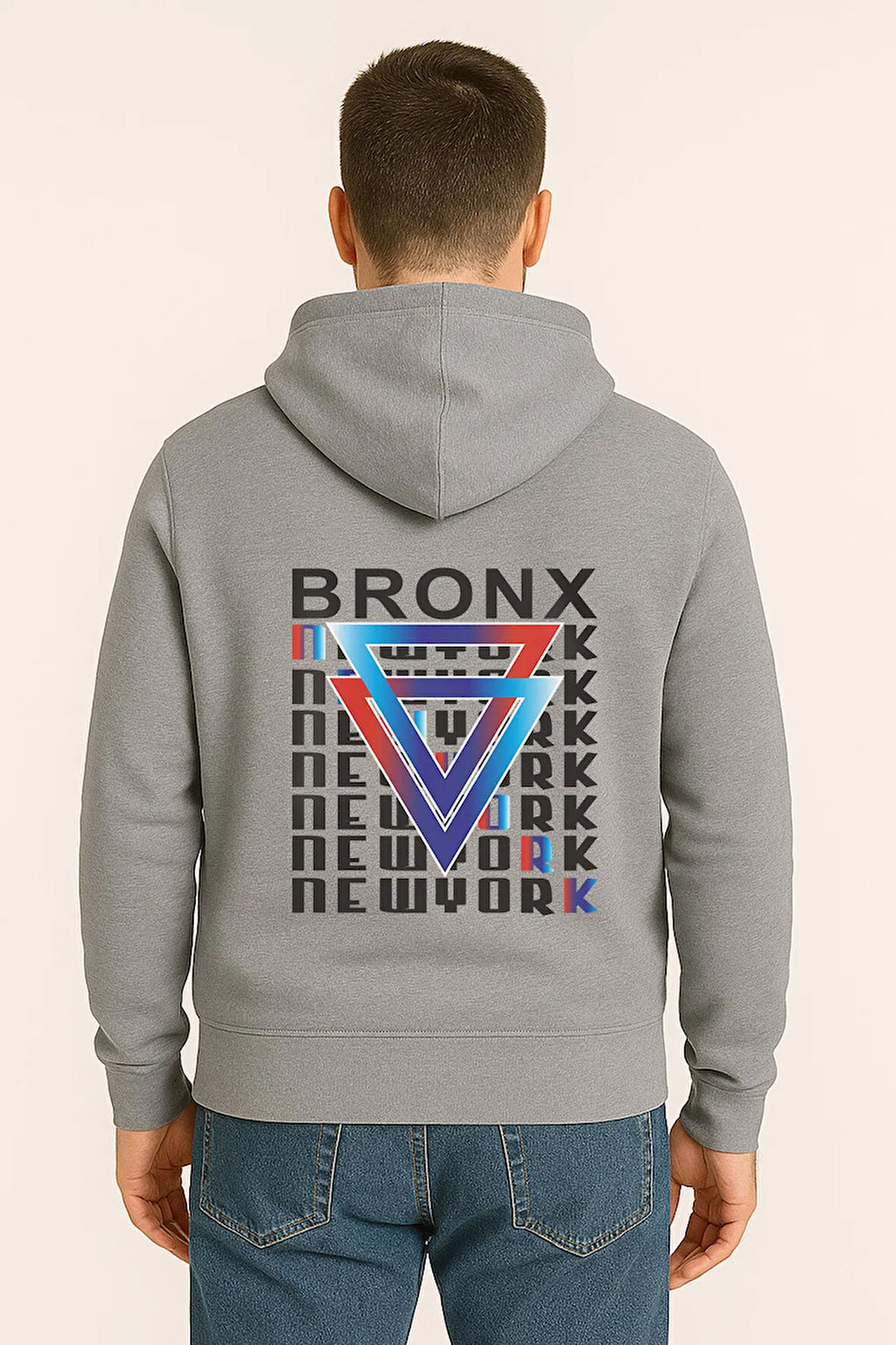 Bronx New York Baskılı Oversize Hoodie – Geometrik Renkli Arka Tasarım Unisex Kapüşonlu Sweatshirt