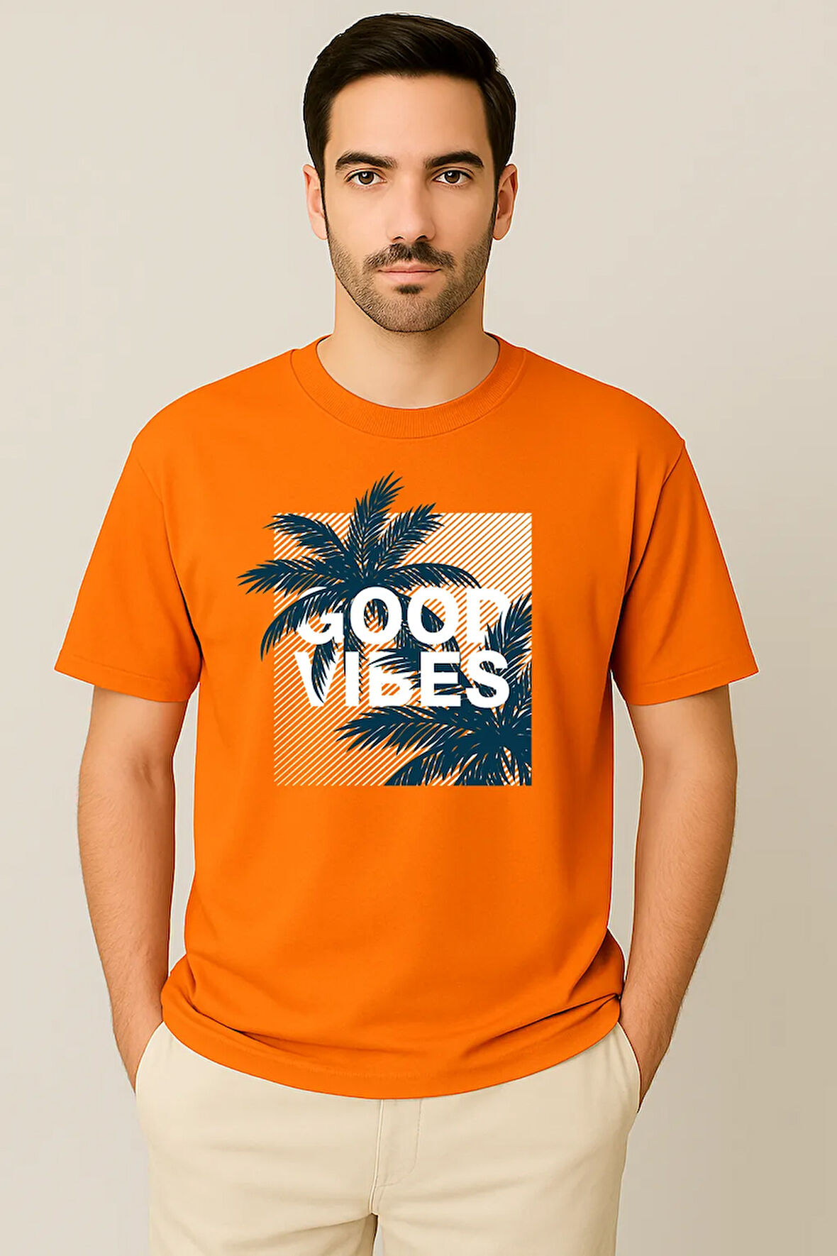 Erkek - Kadın %100 Pamuk Good Vibes Palmiye Desenli Baskılı Yarım Kollu Bisiklet Yaka T-Shirt