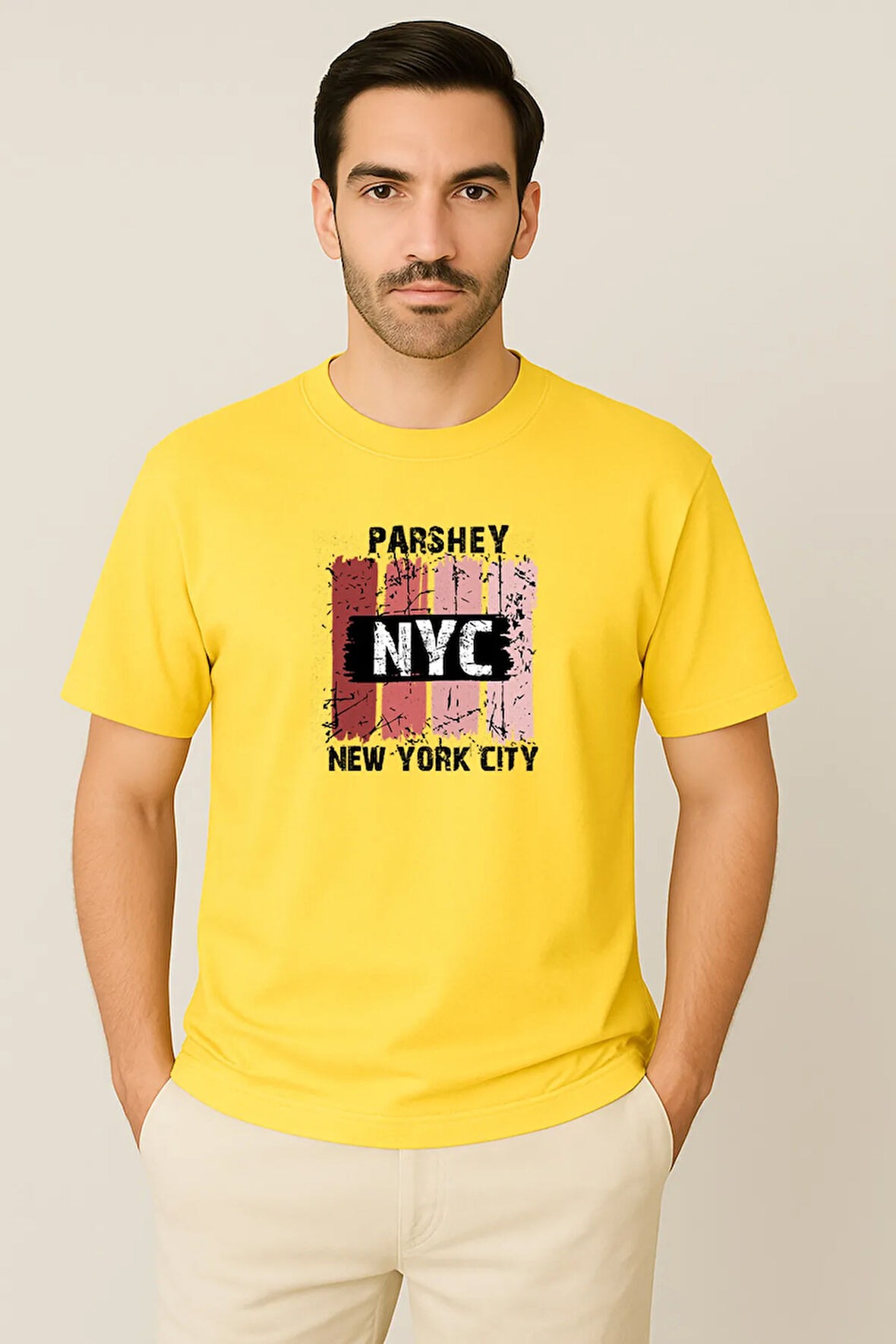 Erkek - Kadın %100 Pamuk New York City Parshey Baskılı Yarım Kollu Bisiklet Yaka T-Shirt
