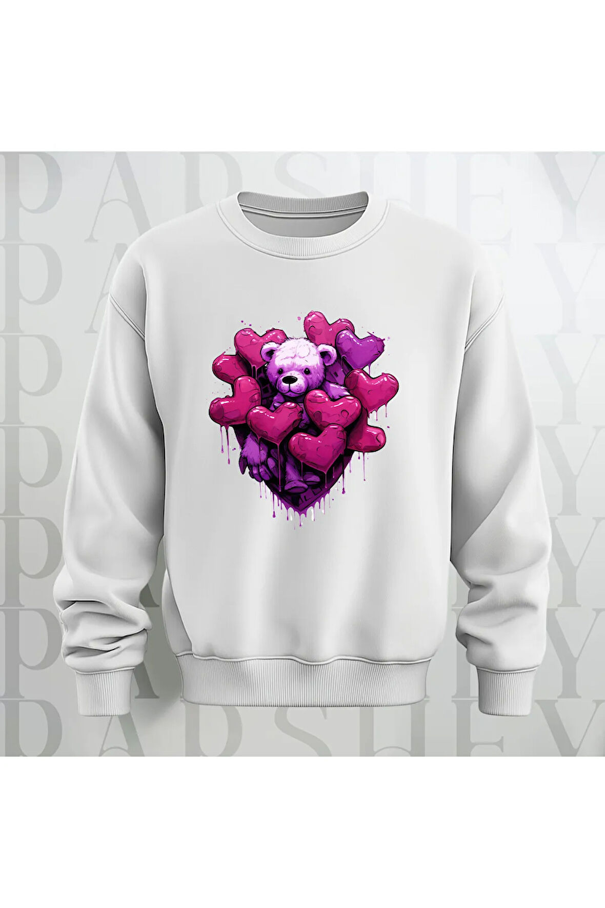 Love Teddy Deseni Baskılı Bisiklet Yaka Unisex Oversize Kalıp Sweatshirt 3 İplik Şardonlu