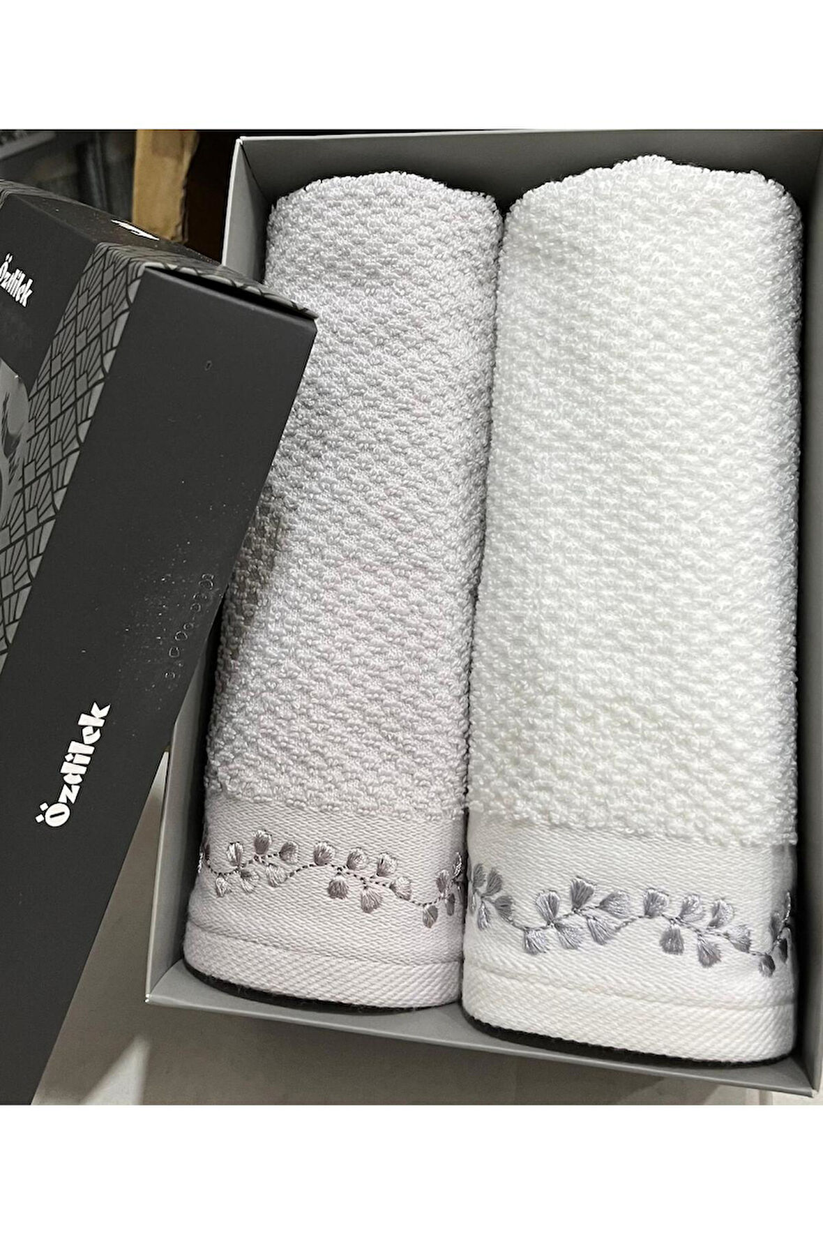 Özdilek Filgo Çiçekli 2'li Kutulu Havlu Gri-Beyaz