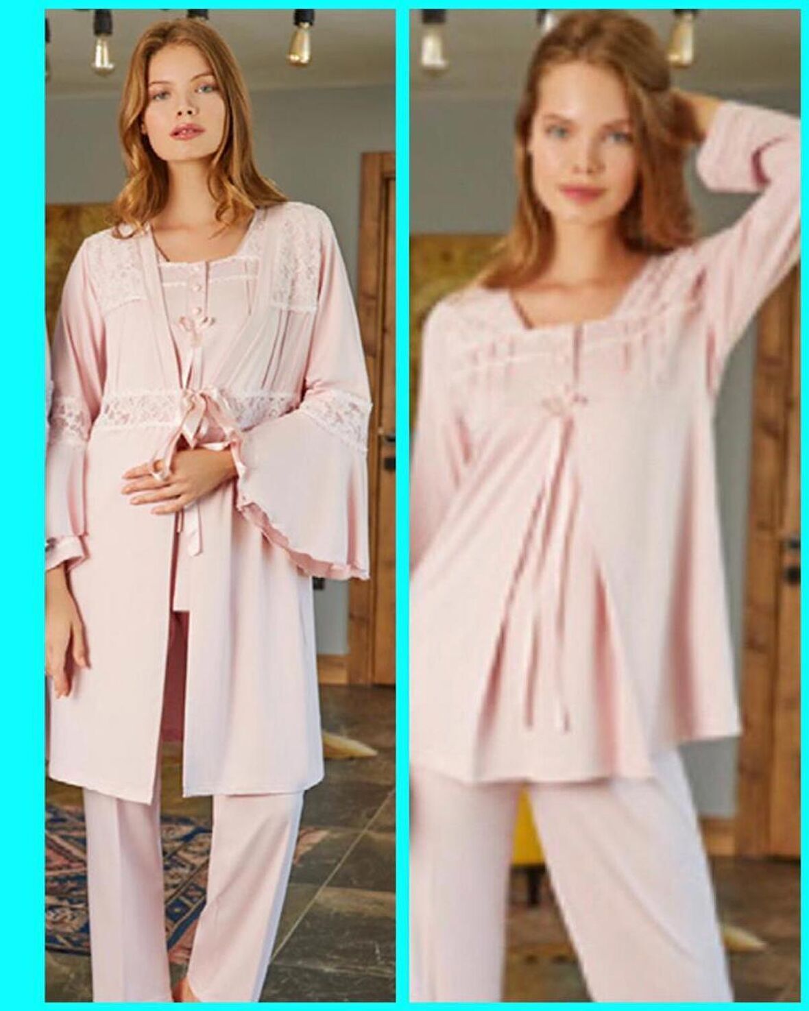 BONE CLUB 5103 PUDRA HAMİLE LOHUSA 3 LÜ PİJAMA SABAHLIK TK