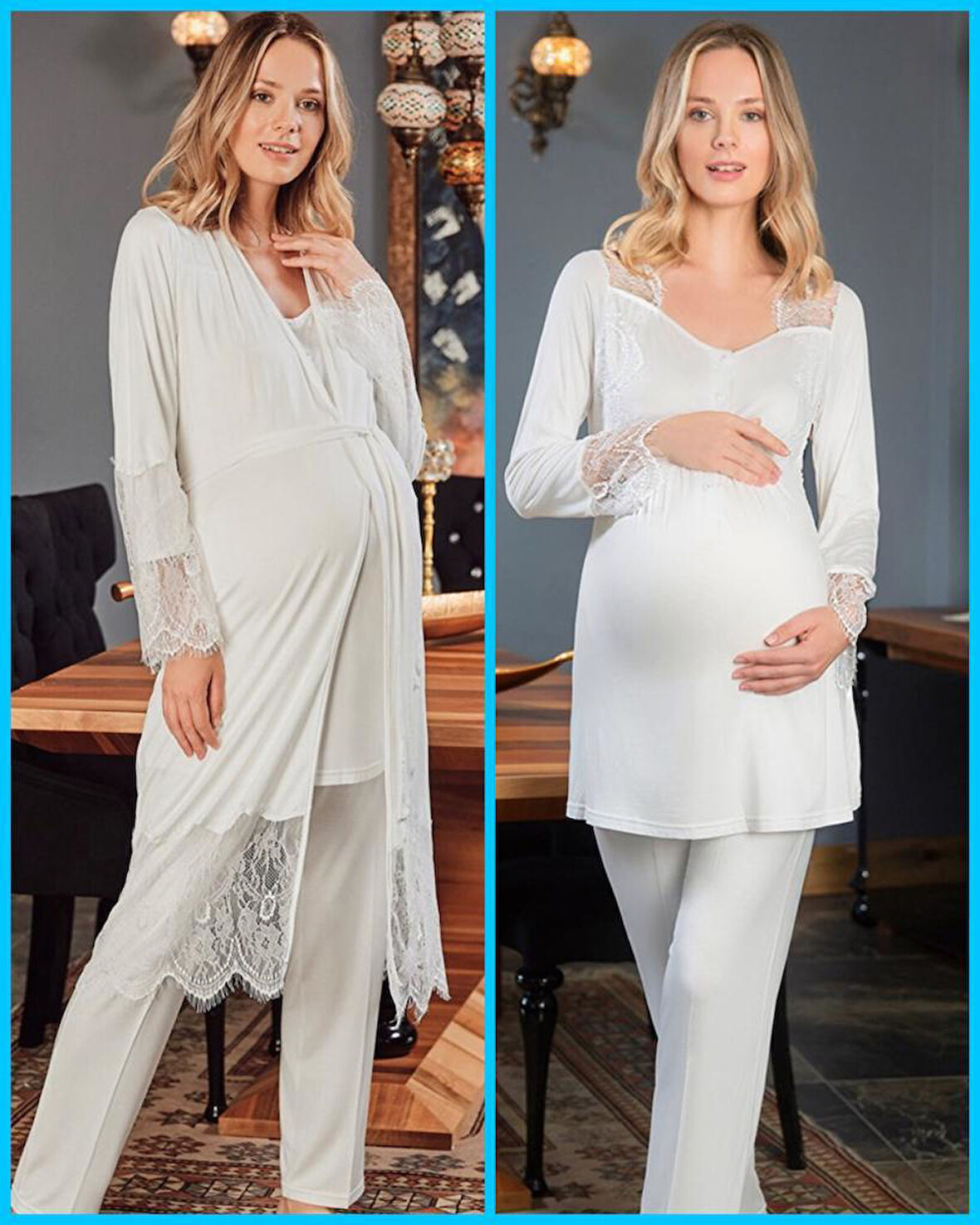 Bone Club 5109  Dantelli Hamile Lohusa3 Lü Pijama Sabahlık Tk