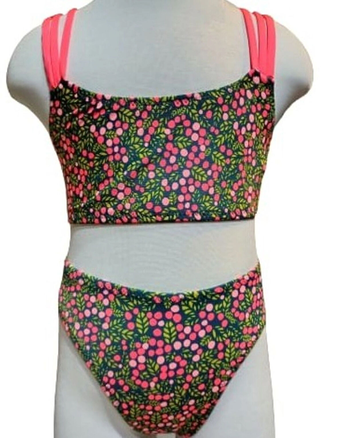 3-14 Yaş Kız Çocuk Baskılı Üç Askılı Yeşil Bikini