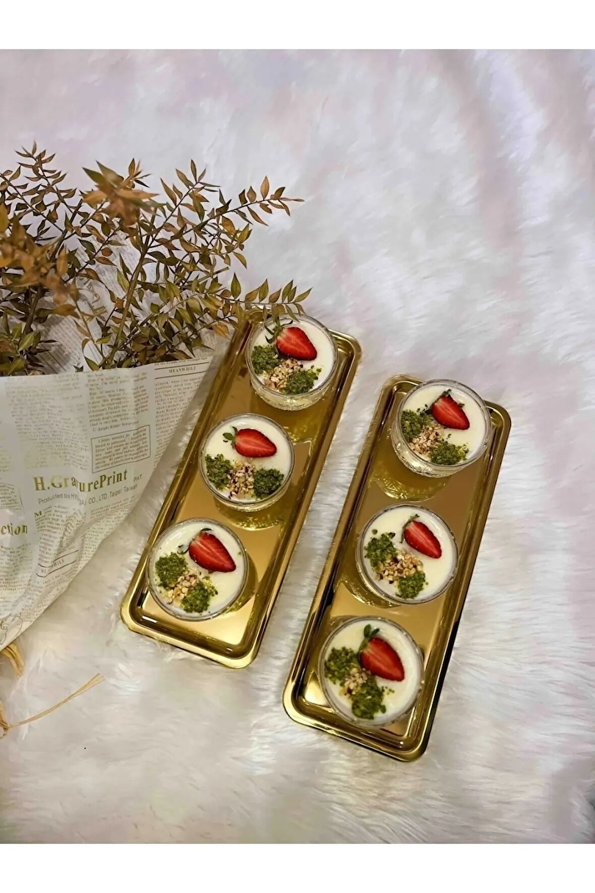 2'li Gold Dikdörtgen Servis Sunum Tepsisi-Çay-Kahve Sunum Tepsisi 33x13