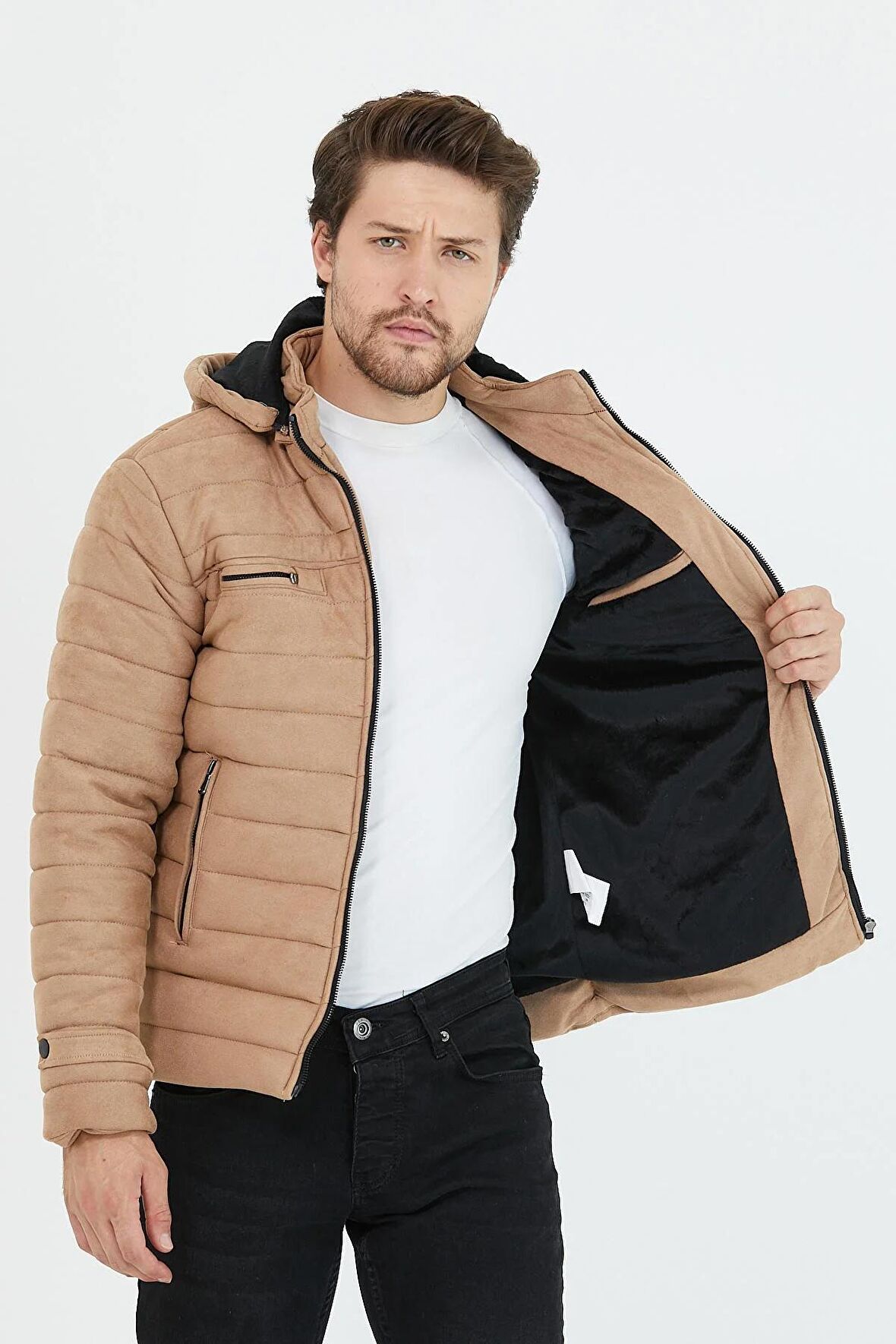 Mero Life Erkek Vizon Dar Kesim Kapüşonlu Süet Mont