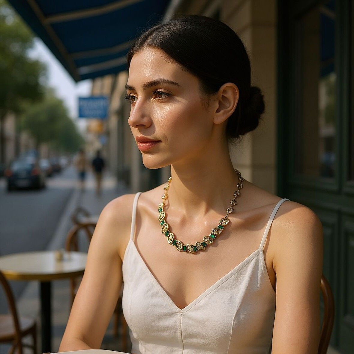 Yeşil Taşlı Kare ve Damla Figürlü Kolye