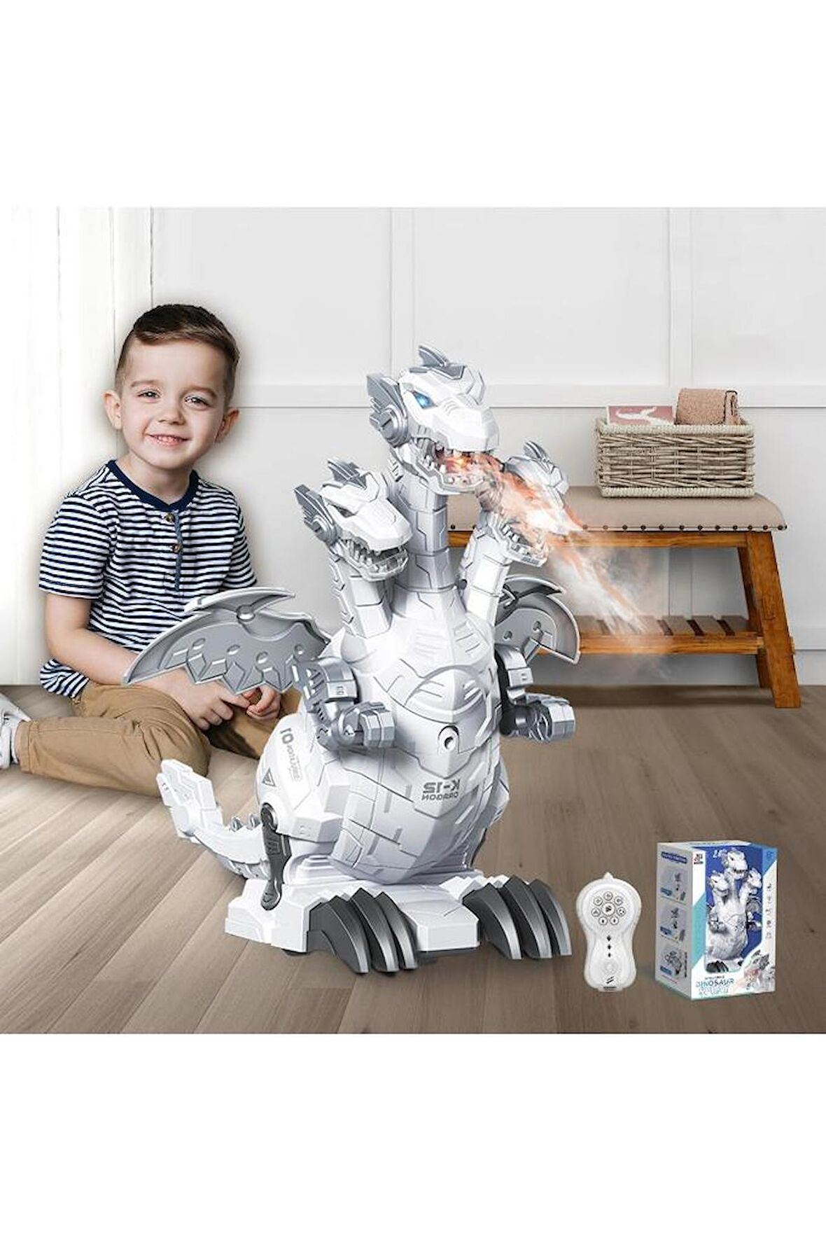 3 Başlı Işıklı Sesli Hareketli Buhar Efektli 2.4Ghz Uzaktan Kumandalı Dinozor Robot