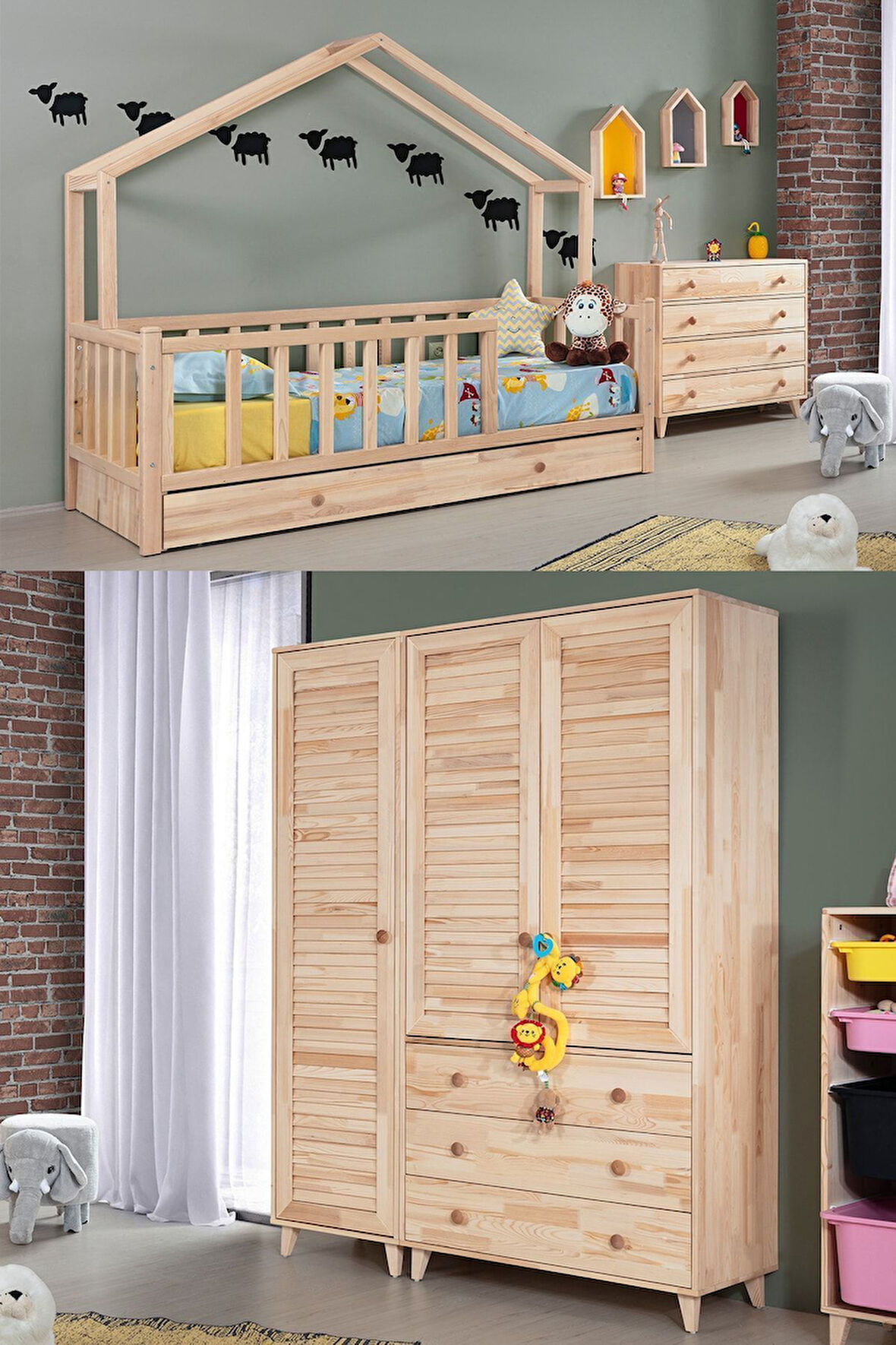 Doğal Ladin Çocuk Odası - Adal Montessori Çocuk Odası Takımı, Dolap, Yavrulu Karyola, Şifonyer