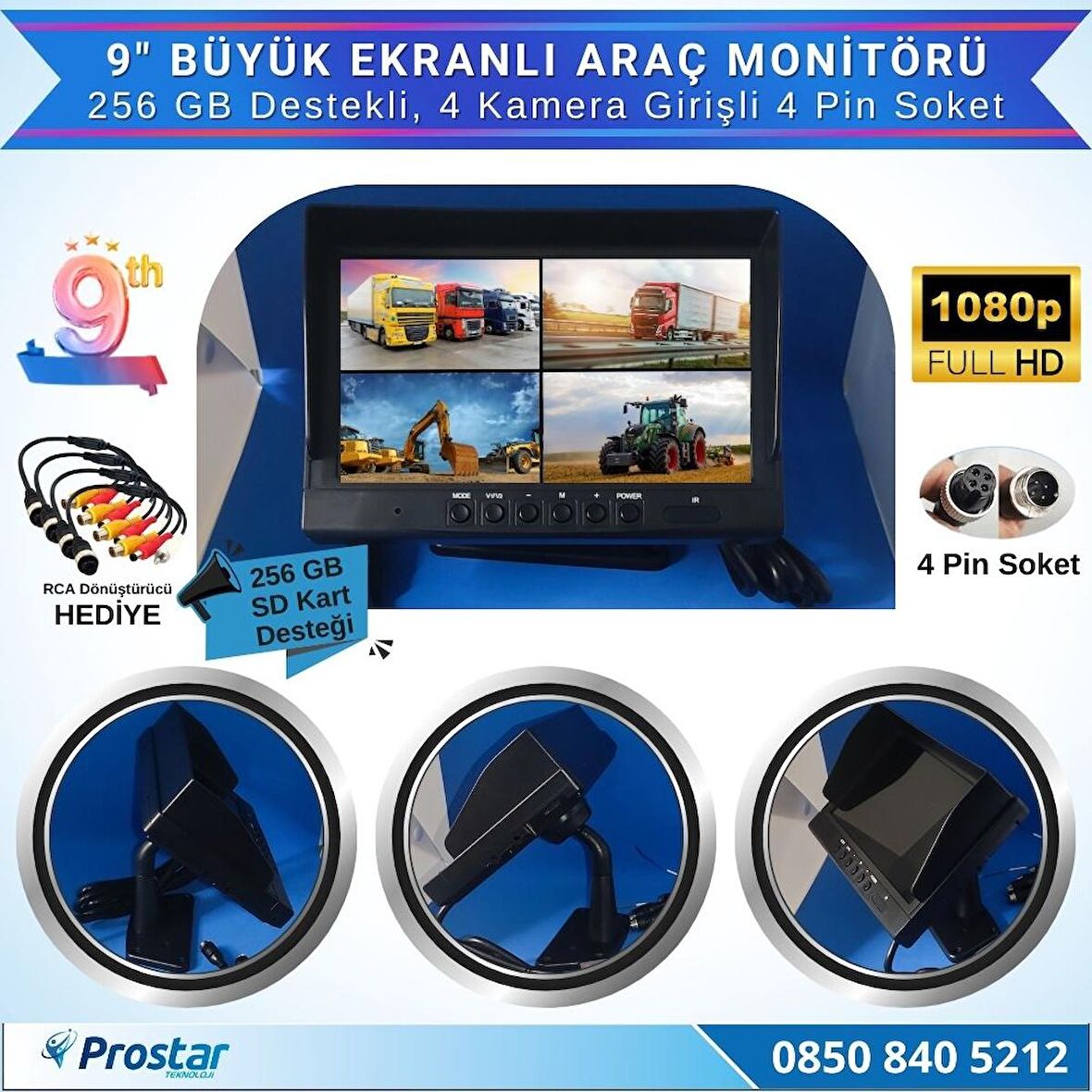 Kayıtlı 9" Monitörlü Ahd 720P/1080P Uyumlu 256Gb Sd Destekli 4Pin Kamera Destekli