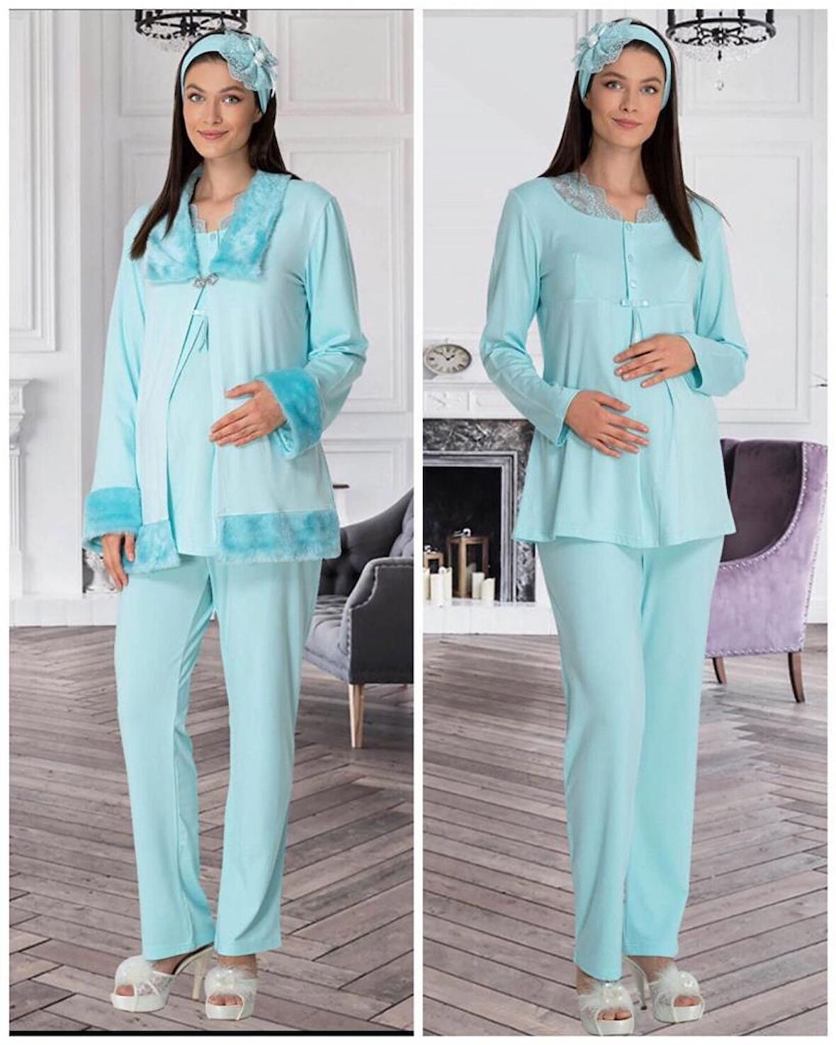 Mecit 5304 Turkuaz  Peluş Detaylı  Sabahlıklı Lohusa Pijama Takımı