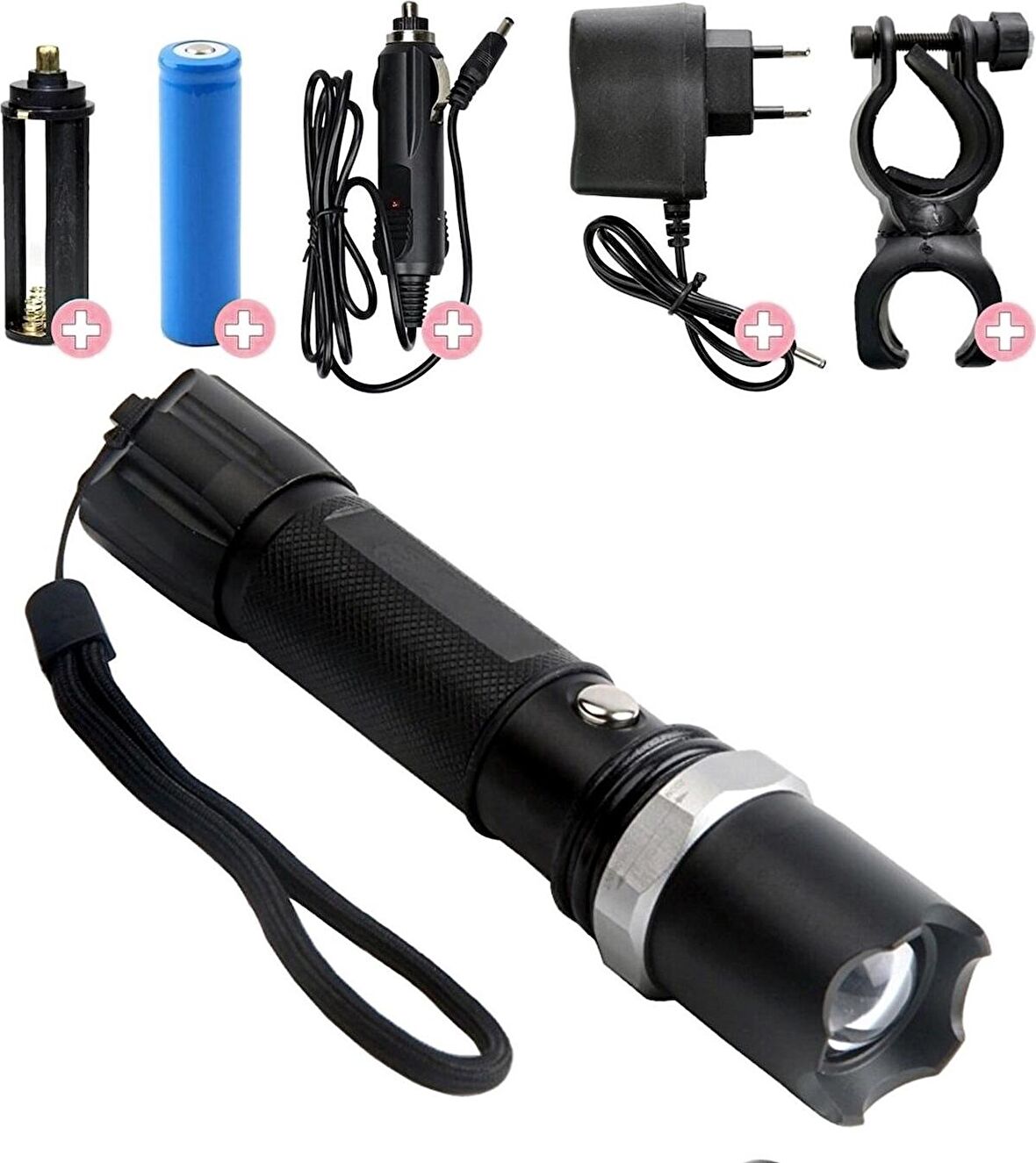 Profesyonel Şarjlı El Feneri Ledli+Flashlight+Zoom Özellikli+Tüfek Aparatı 6 Parça Full Set