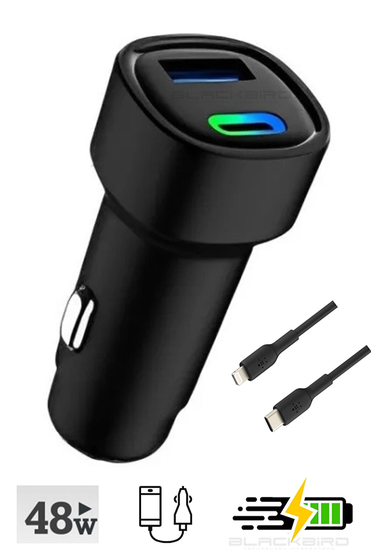 Hızlı Şarj 48W Araç İçi Şarj+ C to Lightning Kablo 1xUSB-C 1xUSB Şarj Aleti FC17