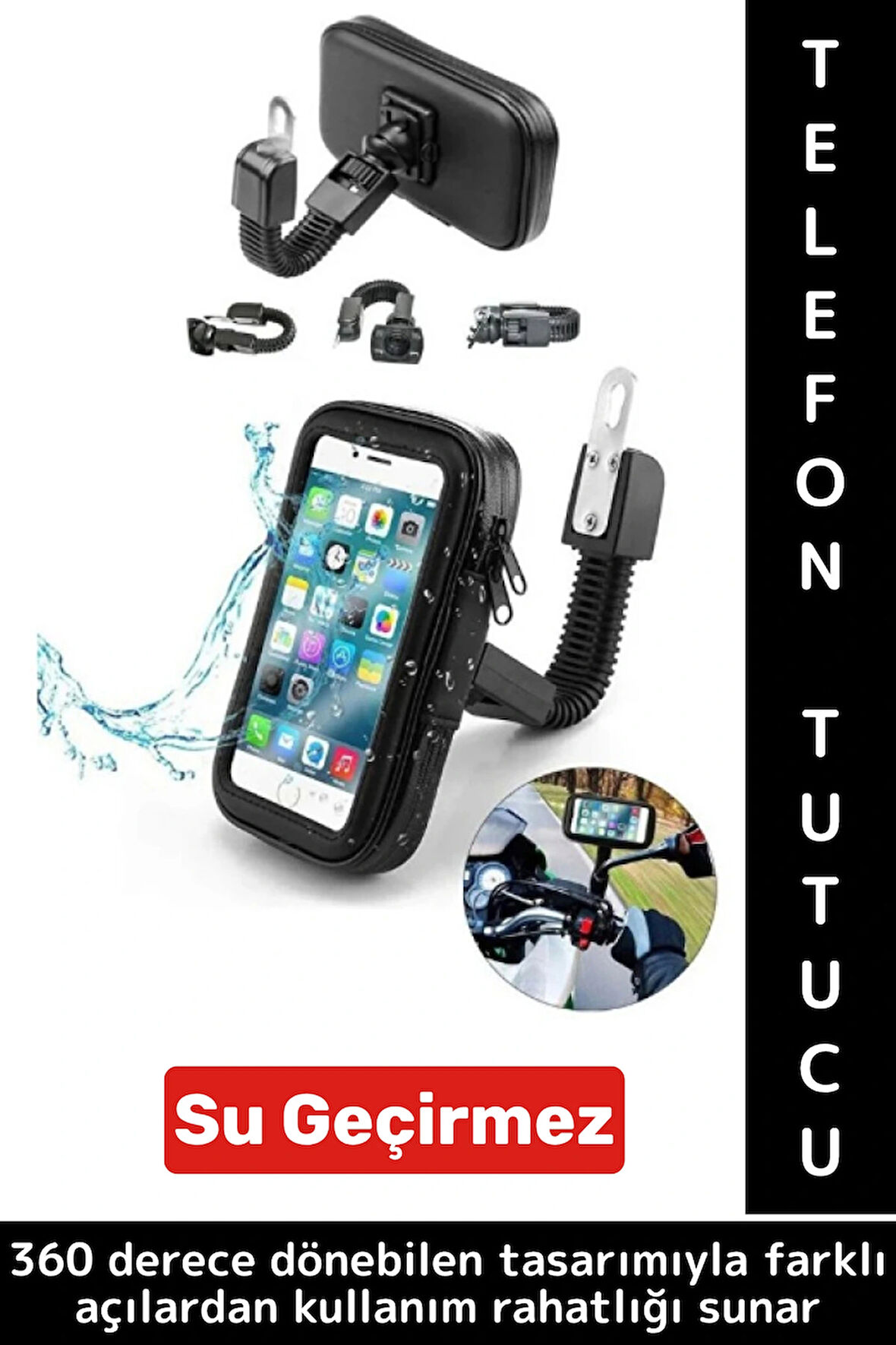 Dayanıklı 360 Derece Döner Su Geçirmez Şeffaf Görüş Engellemez Motosiklet Gidonu Telefon Tutucu