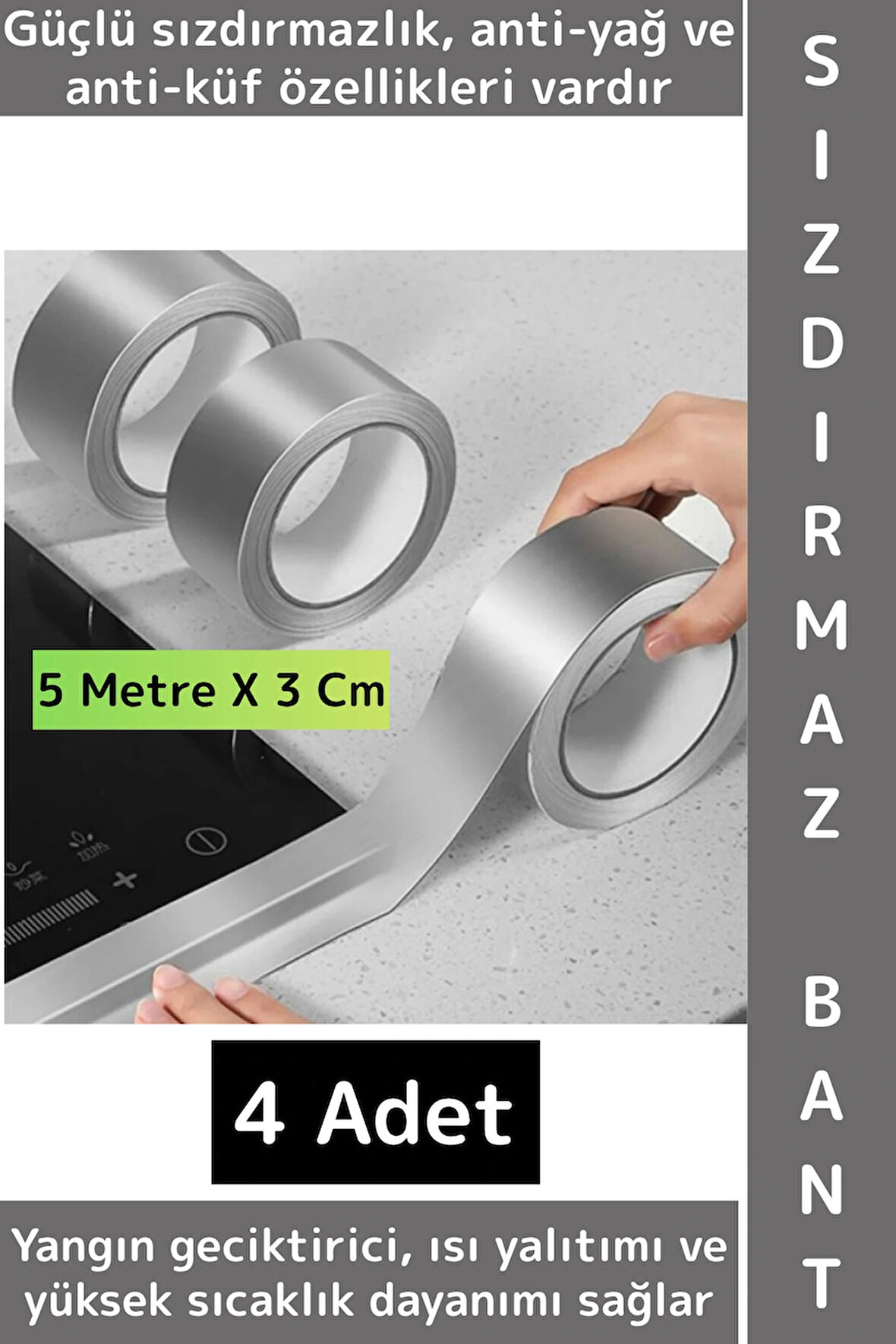 Kendinden Yapışkanlı Mutfak Banyo Kolay Temizlik Su Sızdırmaz Yanmaz Alüminyum Bant 5 MtrX3 Cm 4 Adt